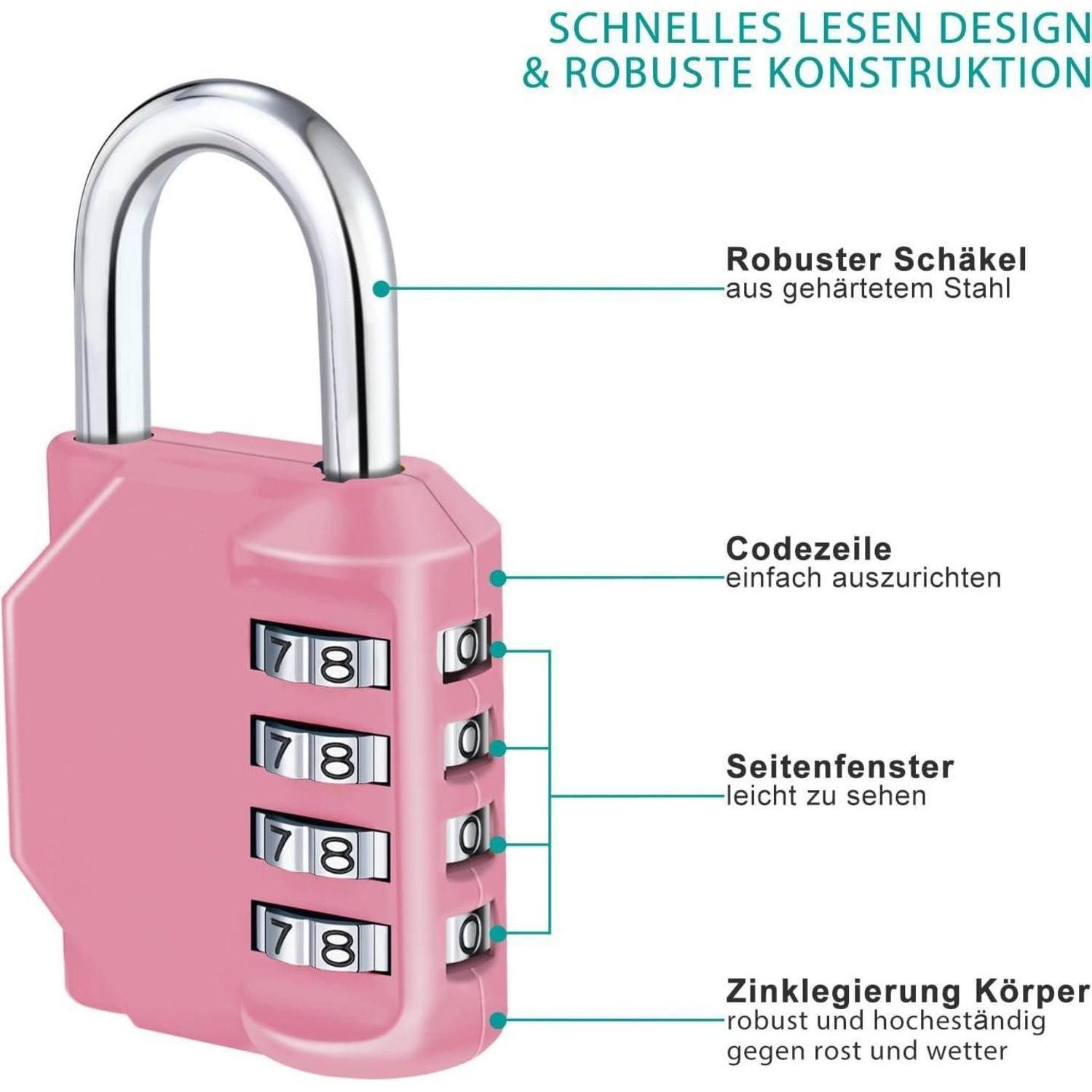 LuxusKollektion Vorhängeschloss Zahlenschloss Vorhängeschloss 4 Stellig rosa wetterfest Fitnessstudio