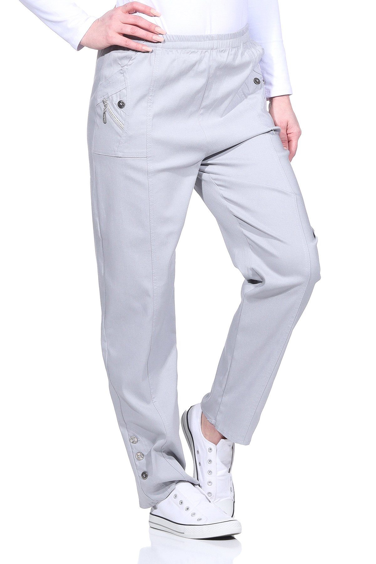 Aurela Damenmode Schlupfhose Damen Sommerhose luftig leichte Freizeithose mit Stretch elastischer Bund, auch in Großen Größen, Casual, Basic Silber