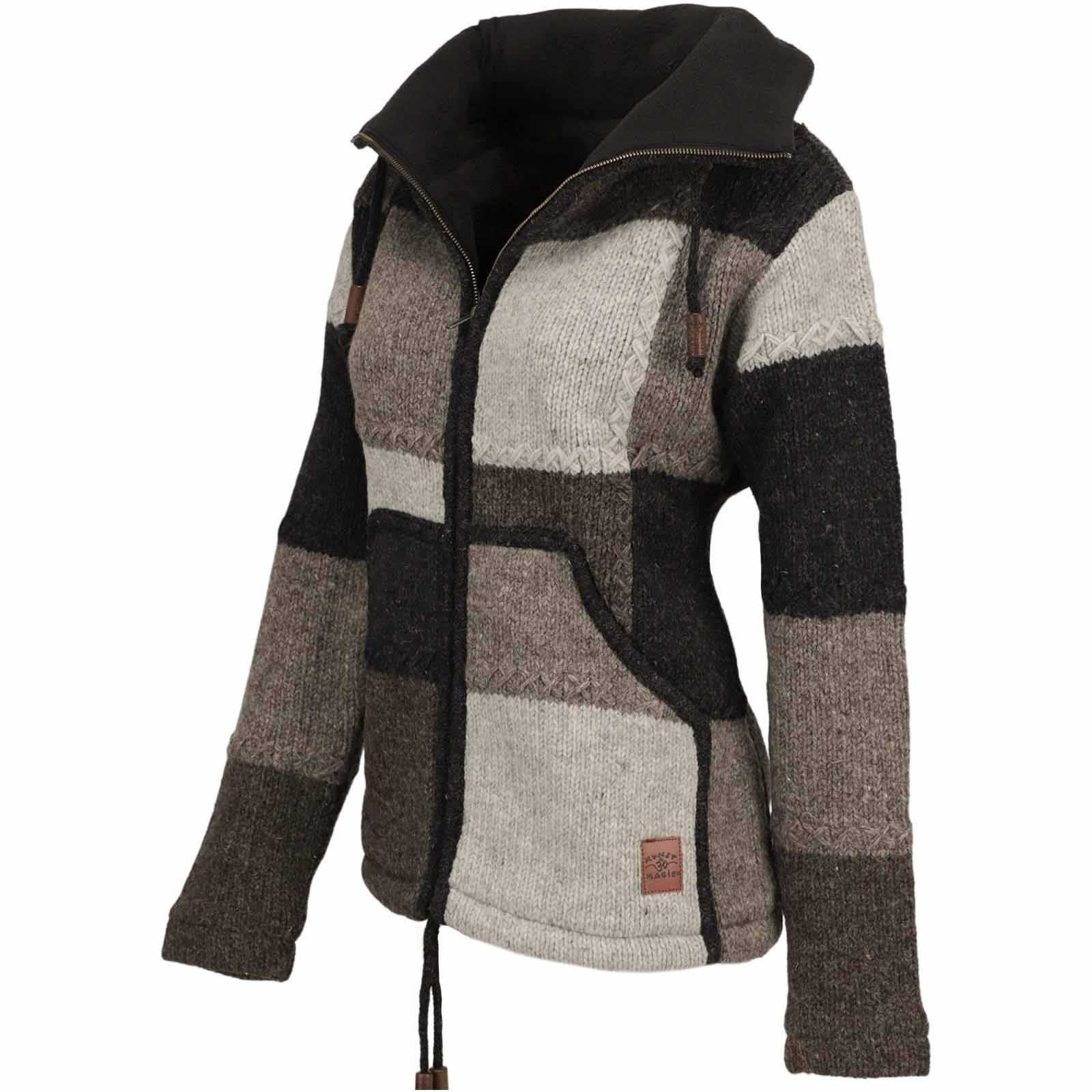 Strickjacke Damen Strickjacke Wolle Bunte Patchwork Jacke+Fleecefutter&Hochkragen