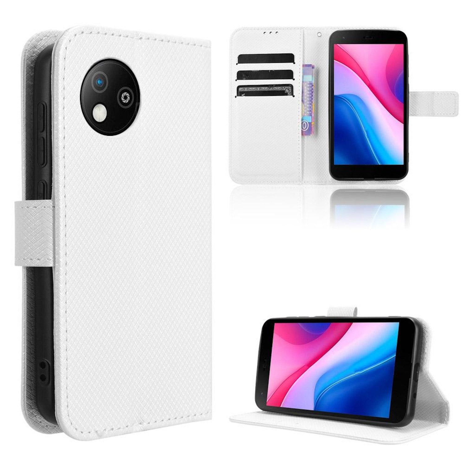 Wigento Smartphone-Hülle Für ZTE Blade A35 Lite Design Book Wallet Kunstleder Hülle Tasche Weiß, Diamantstruktur Kunstleder Hülle mit Kartenfächern und Standfunktion