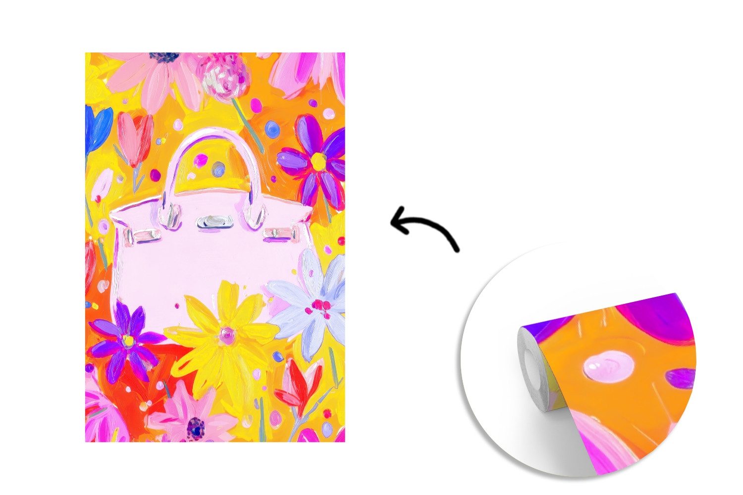 MuchoWow Fototapete Tasche - Rosa - Blumen, Matt, bedruckt, Montagefertig Vinyl Tapete, Wandtapete, 170x260 cm