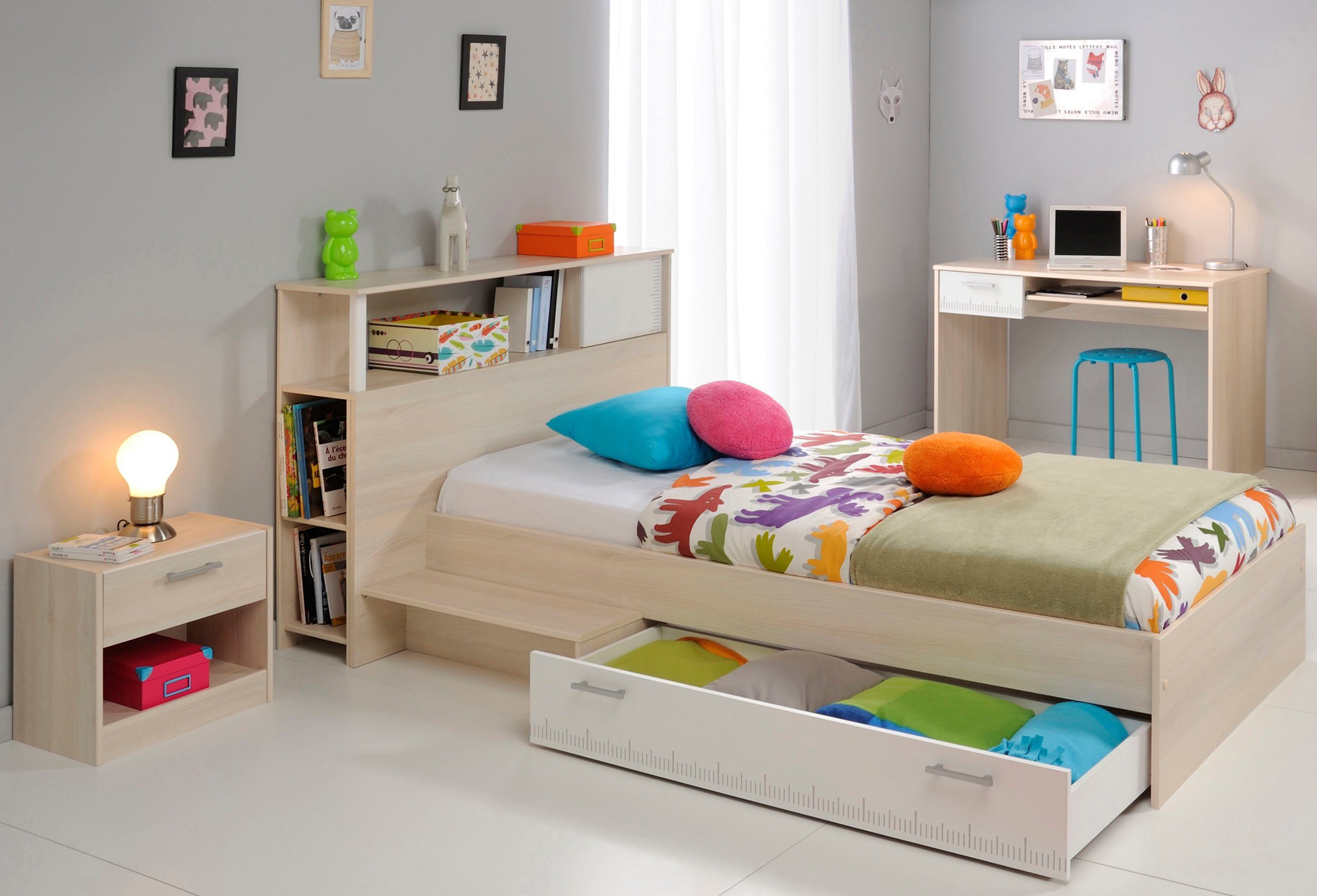 Parisot Jugendzimmer-Set Charly 11, (Set, 4-tlg., Bett mit Anstellregal, Nachttisch, und Schreibtisch), mit einem Schreibtisch
