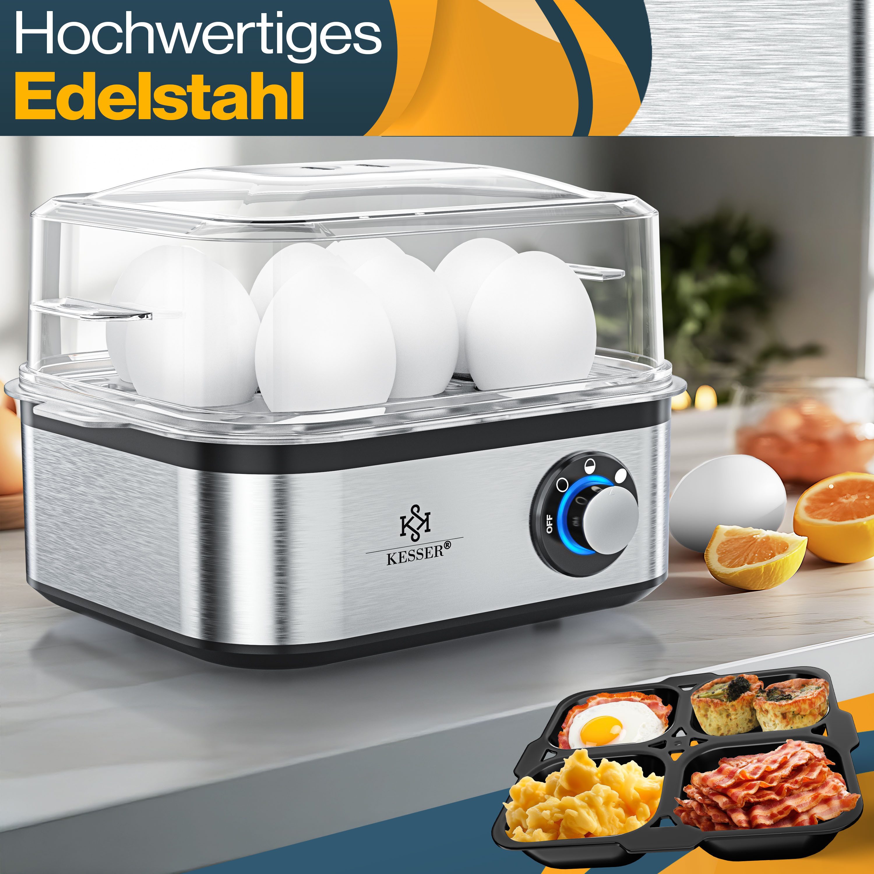 KESSER Eierkocher inkl. Messbecher mit Eipick und Omlettschalen, Bis 8 Eier, 500 W, Warmhaltefunktion, drei Härtegrade