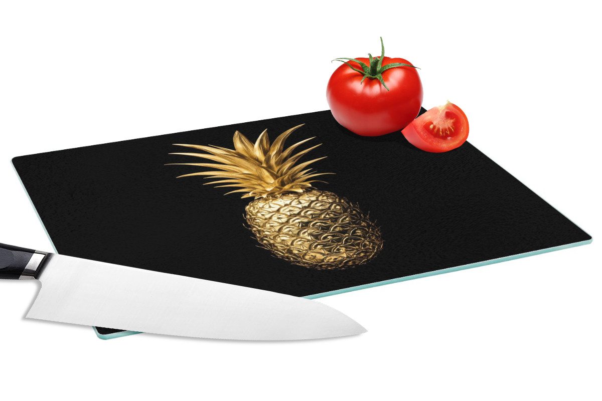 MuchoWow Schneidebrett Ananas - Schwarz - Gold - Luxus, Glas, Schneidebrett Glas, Küchenbrett, Rutschfest, 28x20 cm