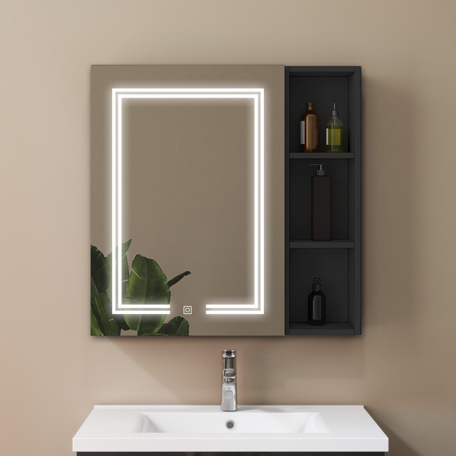 duschspa Spiegelschrank LED Badschrank mit Steckdose drei Lichtfarbe dimmbar Beschlagfrei Touch/Wandschalter, Weiß Matt/Schwarz Hochglanz, 50-100 cm