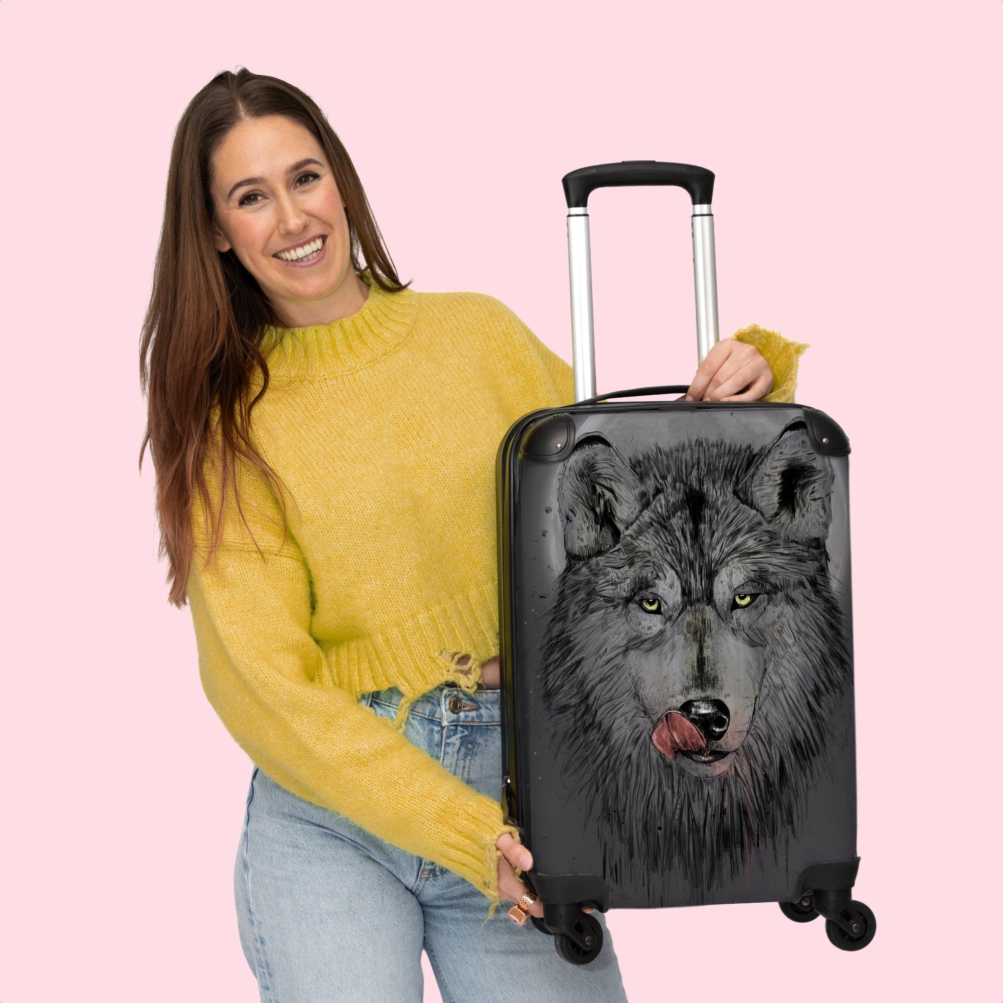 Trolley NoBoringSuitcases.com© Tiere Handgepäck 4 55x35x20cm Rollen, mit Cabin Mond 4 Wolf Dunkelheit, - - Rollen Rollkoffer Kleine - - Reisekoffer Handgepäckkoffer