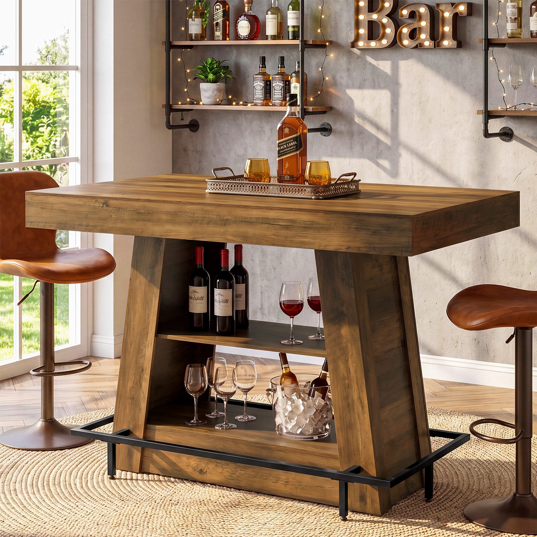 Tribesigns Bartisch Stehtisch 120 cm mit 3-stufigem Stauraum, Bistrotisch mit Fußablage