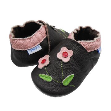 Yalion Weiche Leder Lauflernschuhe Hausschuhe Lederpuschen Blumen Dunkelgrau Krabbelschuh