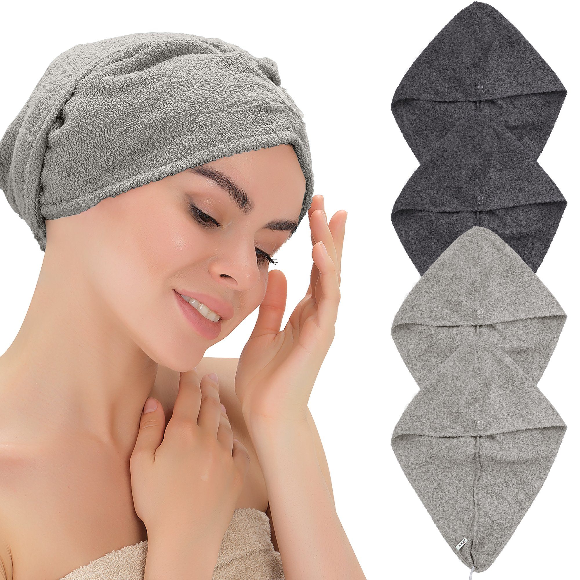 100% Baumwolle Emmy Turban-Handtuch mit knopf Home (4-St), 2xAnthrazit-2xGrau Haarturban,