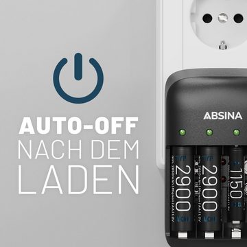 ABSINA Akku Ladegerät X4 für AA, AAA & 9V - Akkuladegerät inkl 4x AA Akkus Rundzellen-Lader (1-tlg)