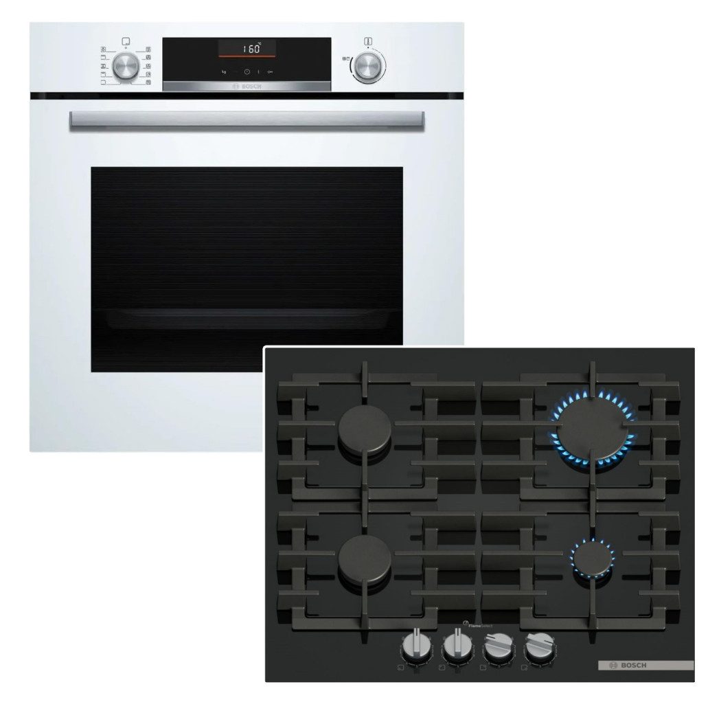 BOSCH Backofen-Set Backofen 3D-Heißluft AirFry weiß + Gaskochfeld Flame Select, EcoClean Direct