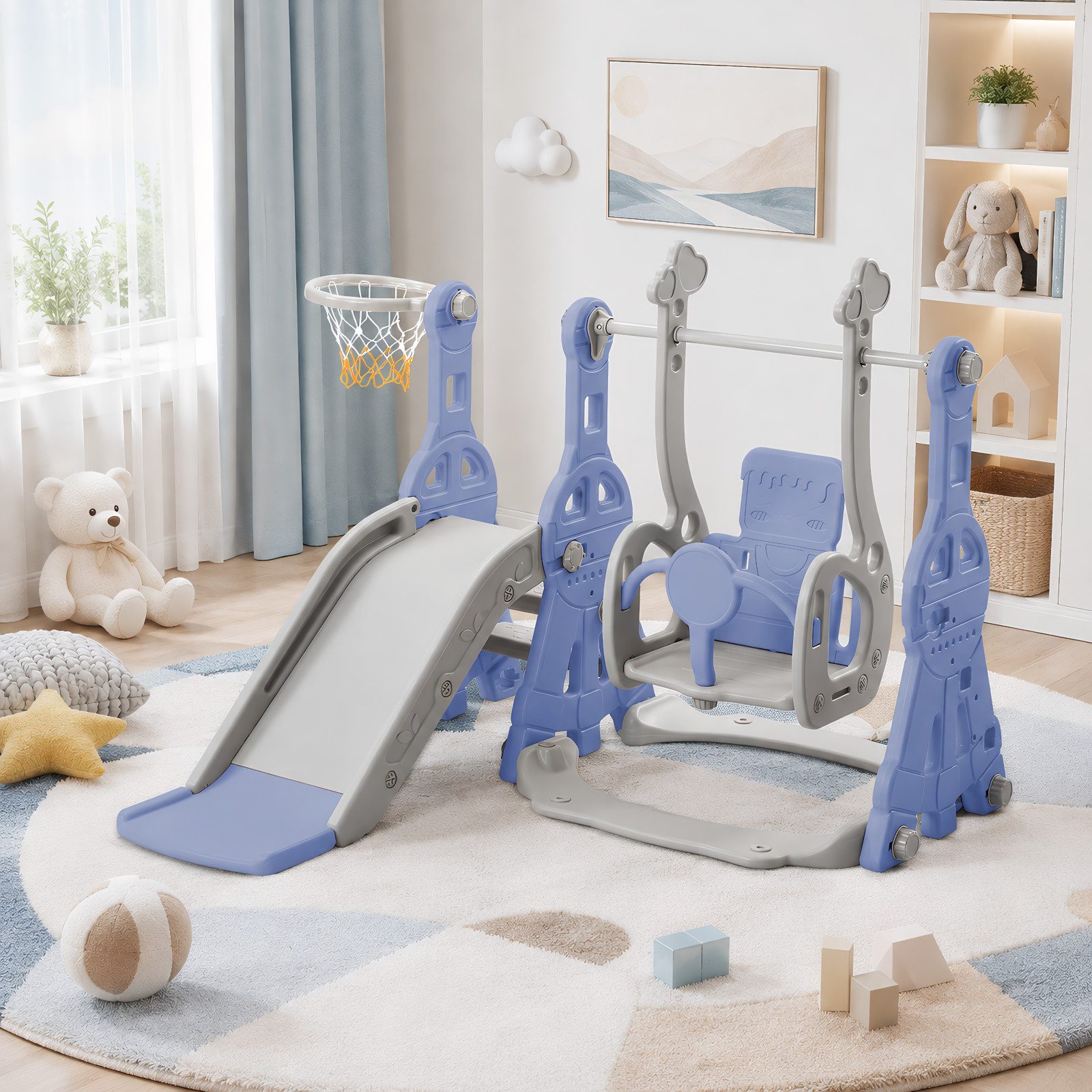Simurq Rutsche Kinderrutsche 4 in 1 Mit Rutsche,Schaukel,Klettergerüst,Basketballkorb, (kinderrutsche Outdoor, Kinder Rutsche), Kinderrutsche Outdoor Indoor, Freistehende Rutsche, Spielplatz