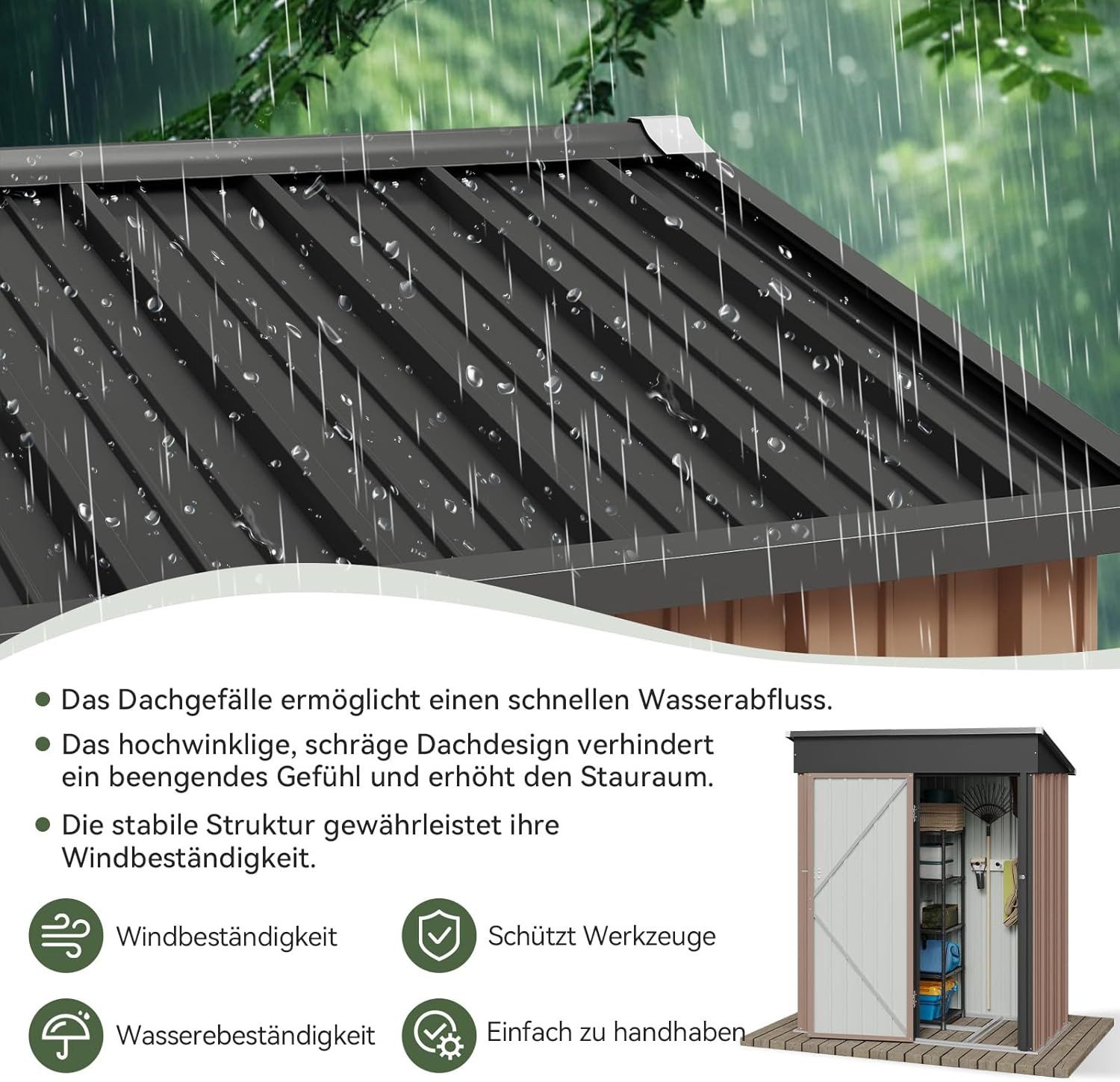 AOXUN Gerätehaus mit Metall 150x91x185cm, Inklusive Bodenrahmen, Schwarz, BxT: 150x88 cm, (1 St), Haken oder Aufbewahrungssysteme anbringen, um Dinge zu organisieren.