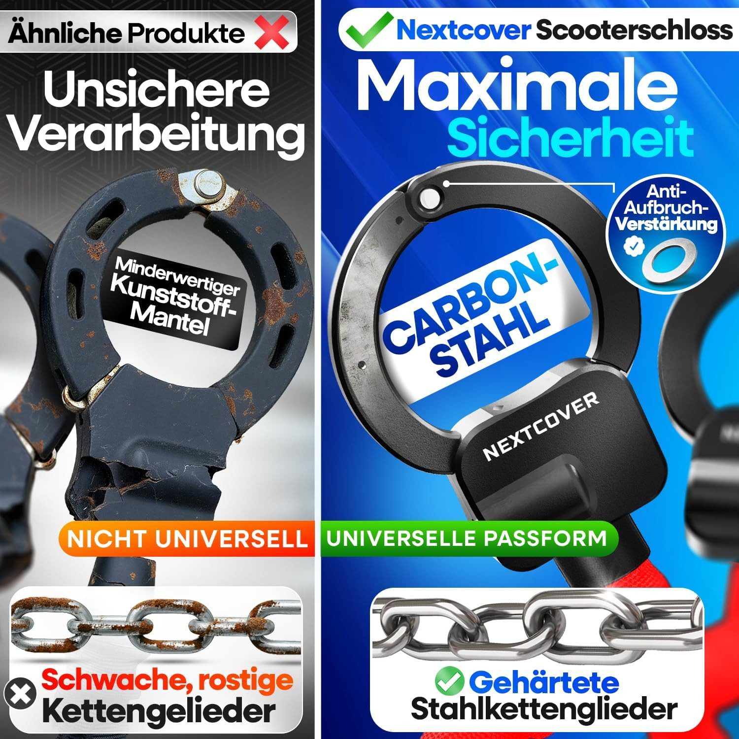 Nextcover Kettenschloss NEXTCOVER® E-Scooter Schloss [Steel-Secure-Technologie]