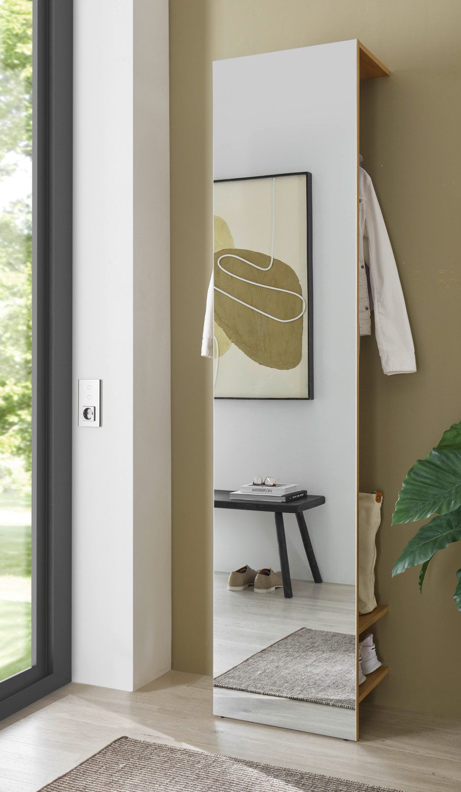 Furn.Design Kompaktgarderobe Center (Flurgarderobe in Eiche mit Grau, Spiegelfront, 50 x 200 cm) mit Kleiderstange und Schuhablagen