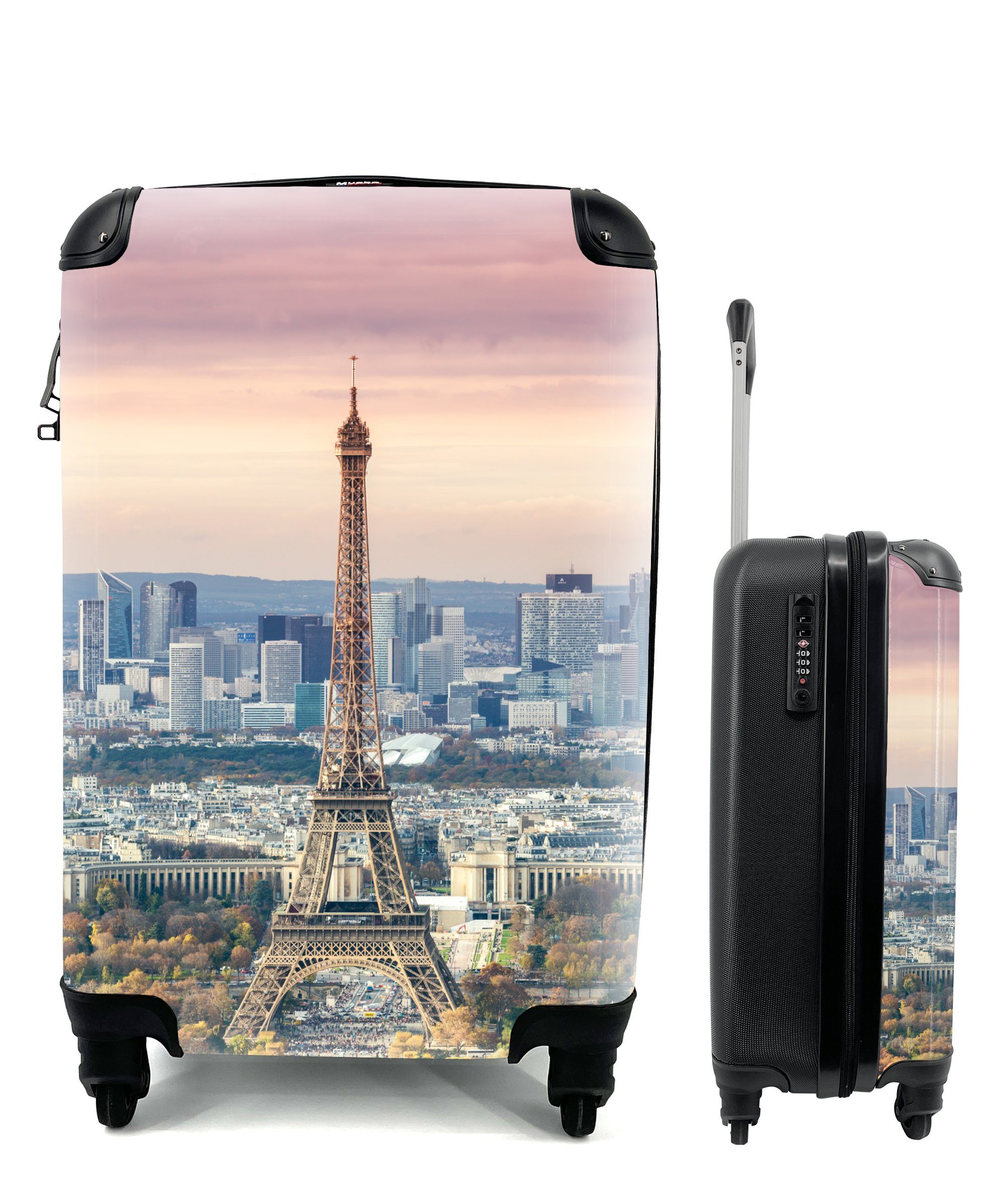 - Ferien, mit Paris Handgepäckkoffer Eiffelturm Reisetasche 4 MuchoWow für - Trolley, Reisekoffer rollen, Himmel, Rollen, Handgepäck