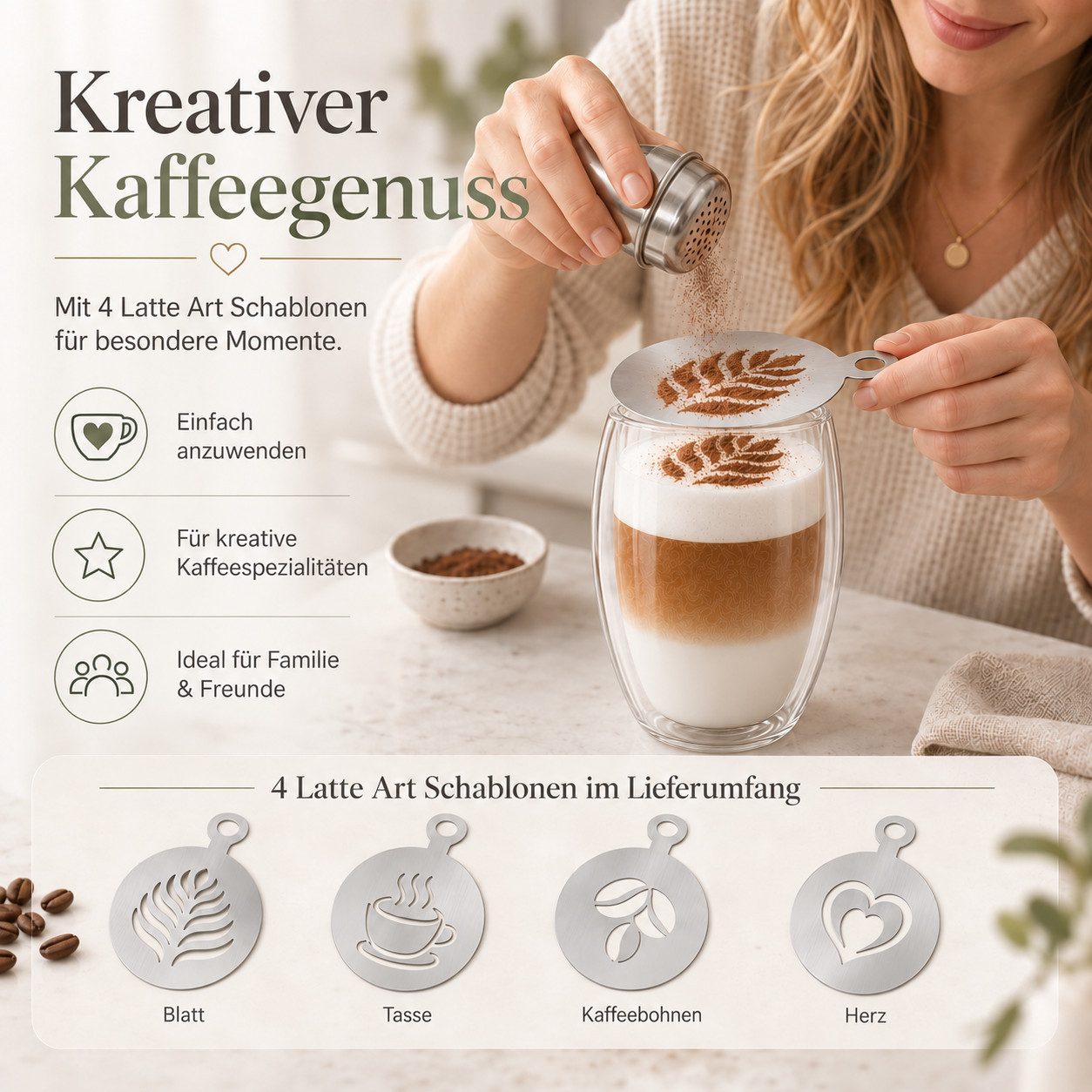 LAPRESO Latte-Macchiato-Glas Doppelwandig, Thermogläser Kaffeegläser Set 350 & 450 ml, 6-tlg., Borosilikatglas, 6er Set, 4x Latte Art Schablonen – Bild 4 von 5