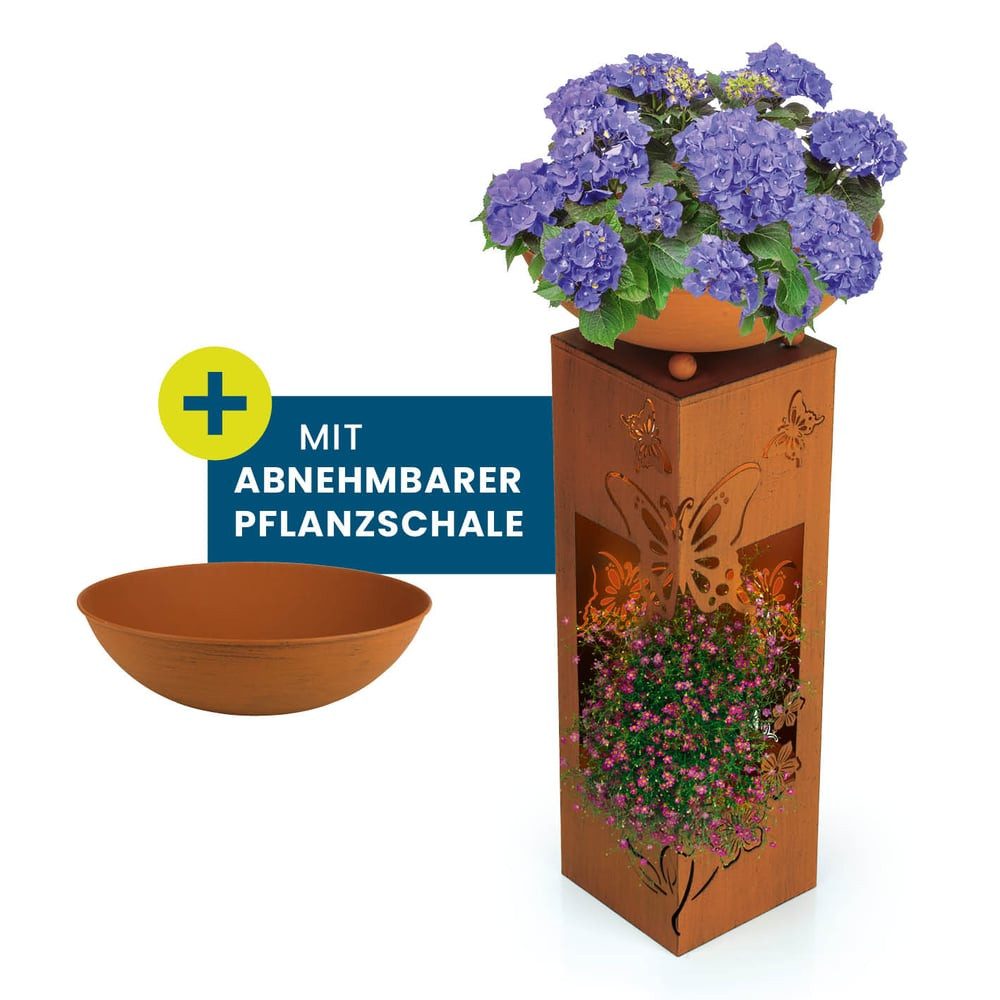 Hoberg Dekosäule LED Pflanzsäule 3D Schmetterling-Design in Rost-Optik, Integrierte Beleuchtung, 6h Timer, kabellos, Für In- und Outdoor