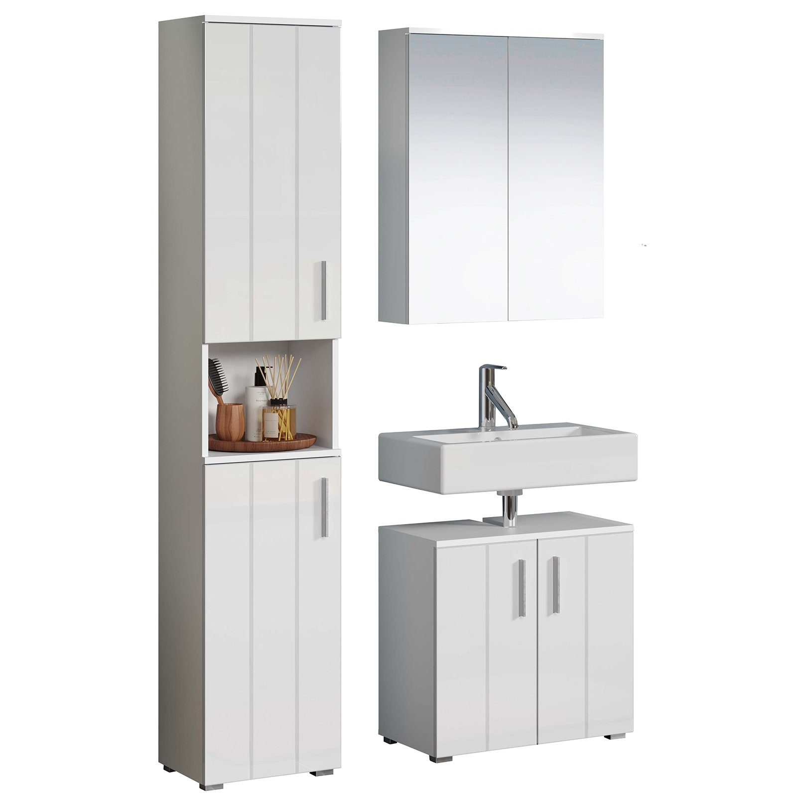 trendteam Badmöbel-Set Wons, Badezimmermöbel Waschbeckenunterschrank Spiegelschrank Hochschrank