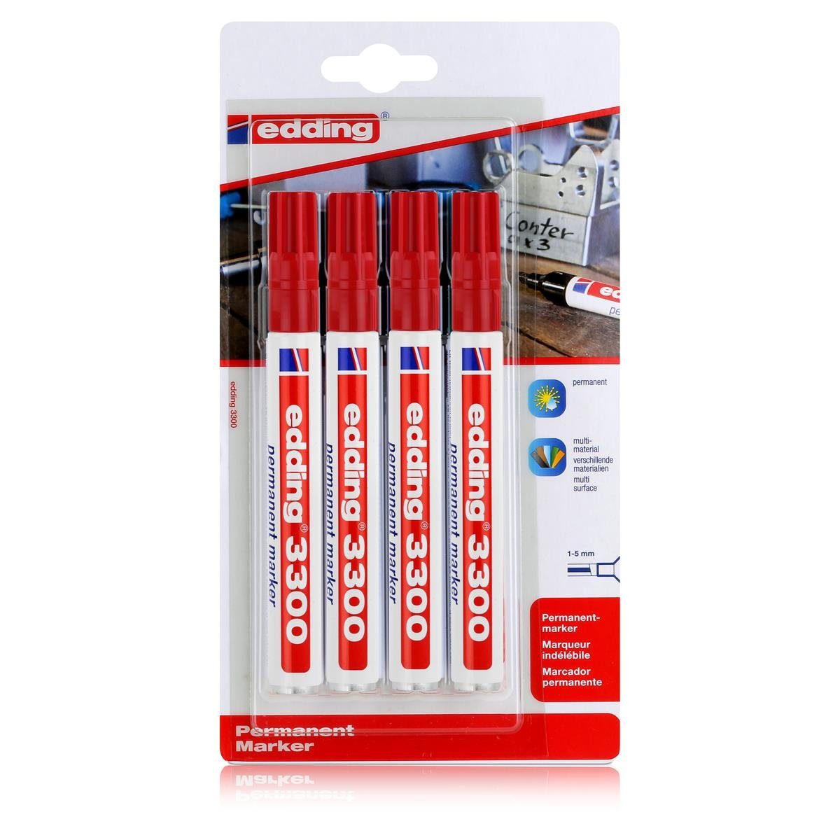 Permanentmarker Pack Spitze edding 4er Marker (1er Permanent 1-5mm wasserfest rot 3300 edding