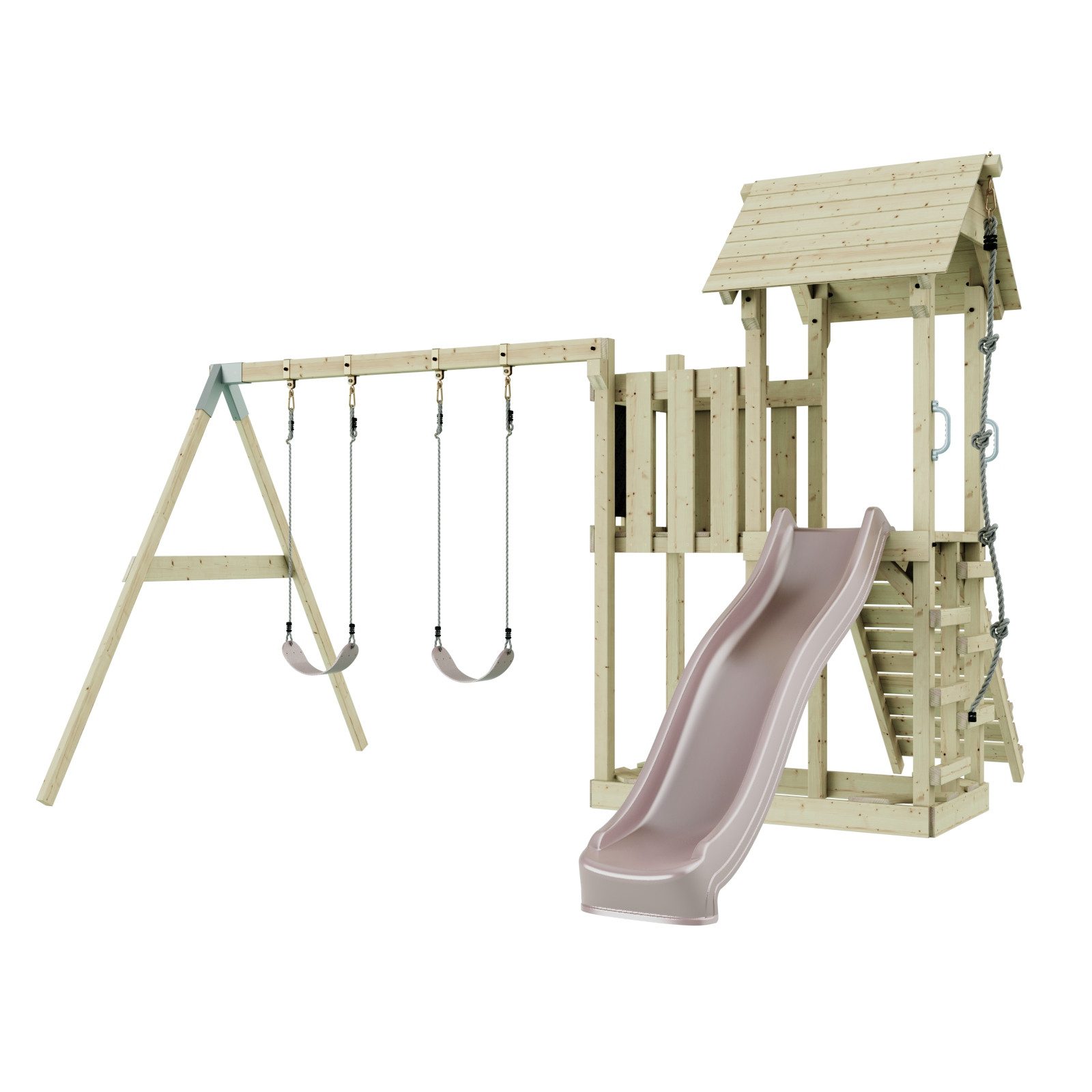 OutdoorToys Spielturm Uppsala aus Holz in Altrosa mit Kinderschaukel & Rutsche, aus Holz in Altrosa mit Kinderschaukel & Rutsche