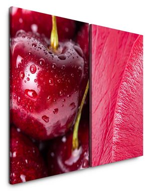 Sinus Art Leinwandbild 2 Bilder je 60x90cm Kirschen Frisch Fruchtig Blüte Rosa Rot Makrofotografie