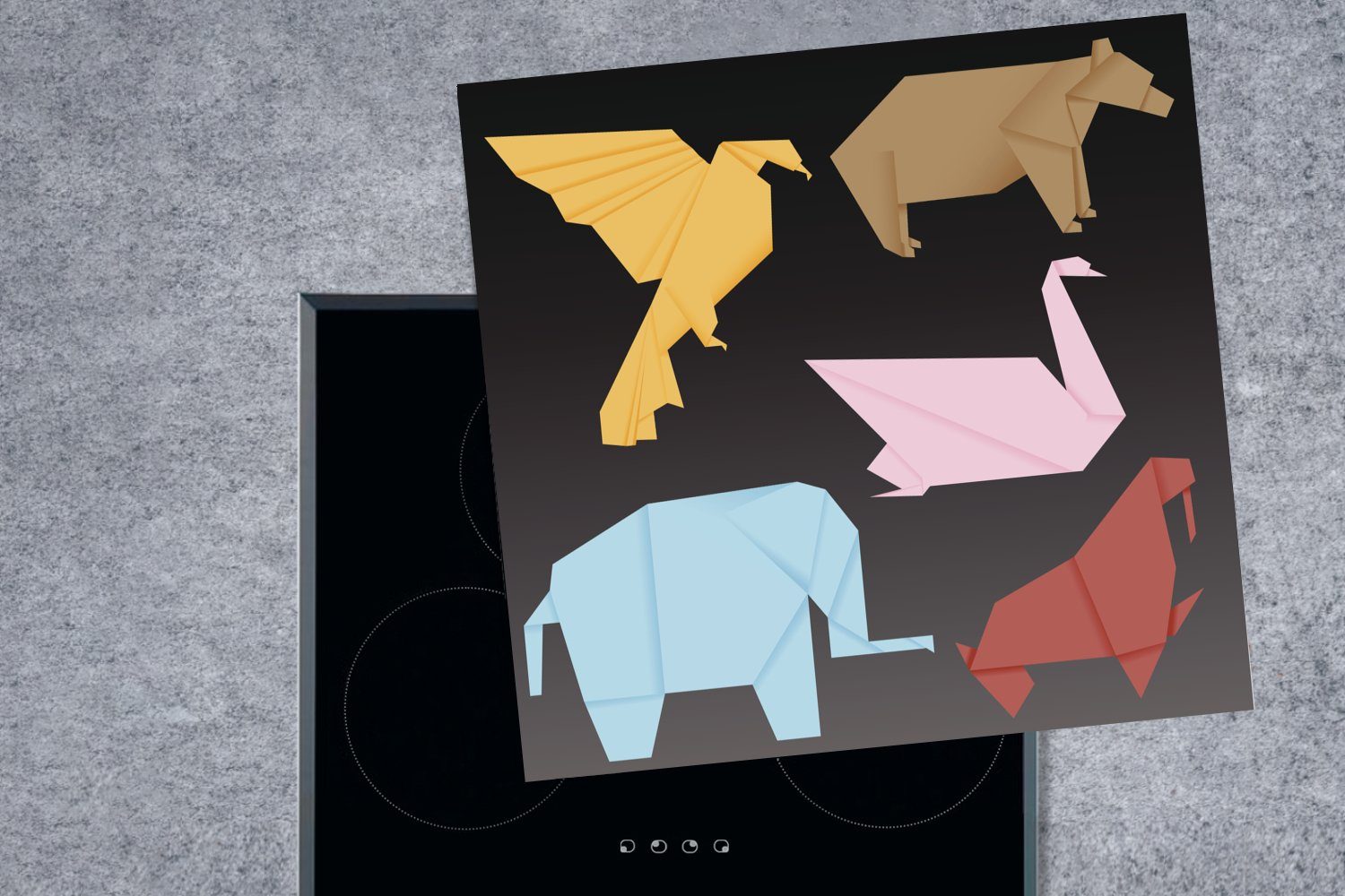 MuchoWow Herdblende-/Abdeckplatte Eine Illustration verschiedener Tiere, küche gefaltet Arbeitsplatte im Origami-Stil, Vinyl, tlg), 78x78 cm, (1 Ceranfeldabdeckung, für