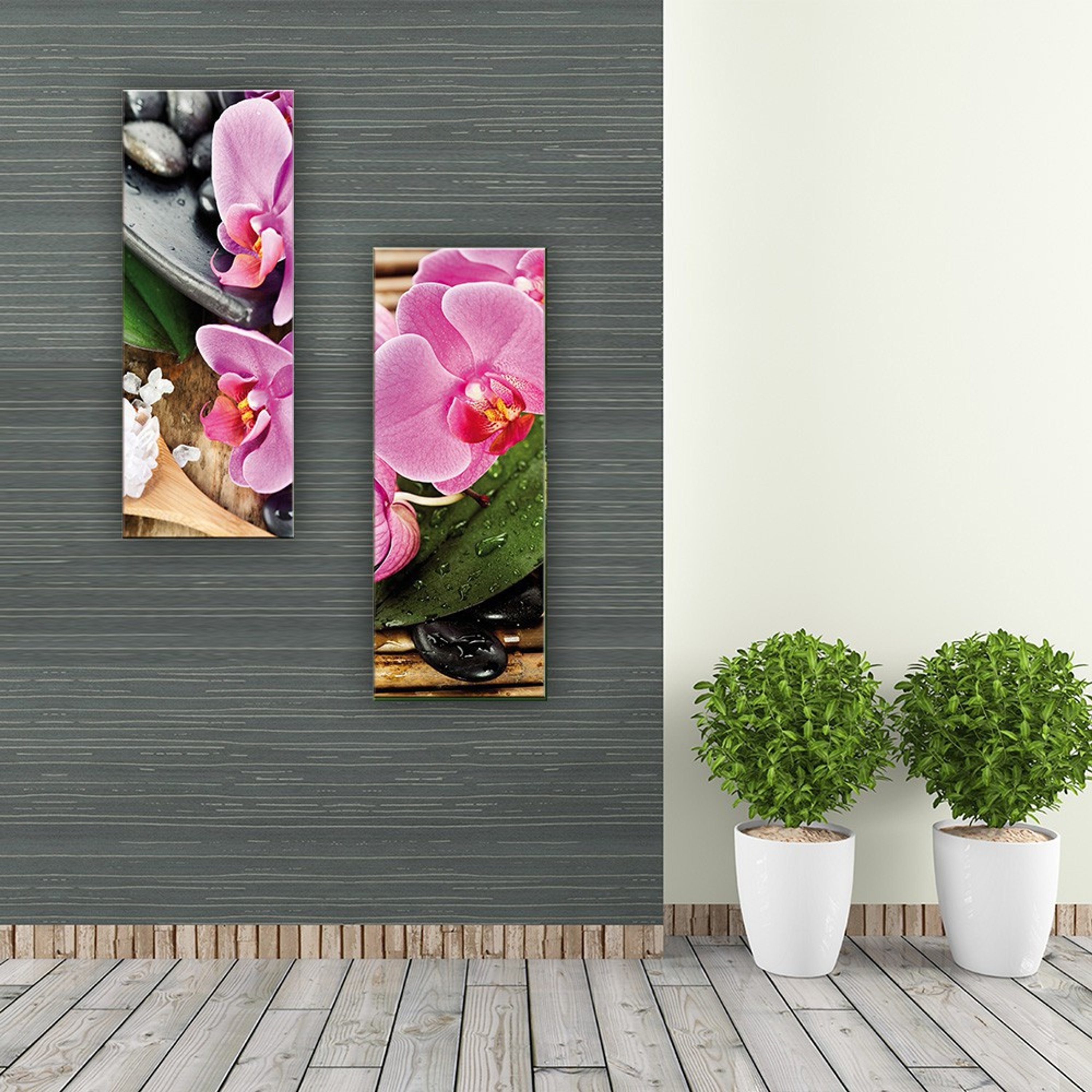 artissimo Glasbild Glasbild 30x80cm Blüten: Zen-Steine Blumen I Glas Hochformat Spa Bild aus und Orchidee, Zen Wellness
