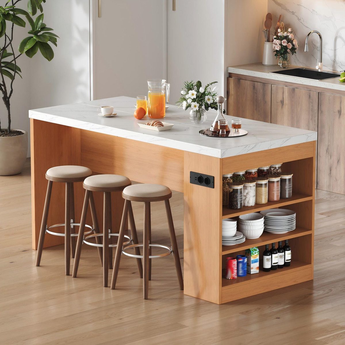 Odikalo Kücheninsel mit LED Beleuchtung Arbeitsplatte & Steckdose, (Kücheninsel 155x80x90cm mit 2xAC+2xUSB,3 offenen Ablagen,moderne Kücheninsel für Küche & Esszimmer)