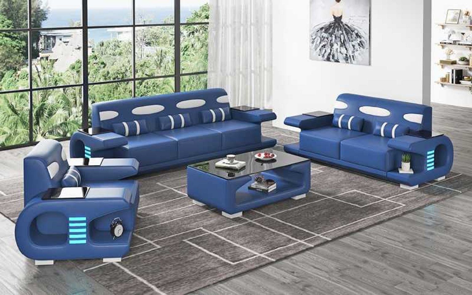 JVmoebel Wohnzimmer-Set Modern Wohnzimmer Couchgarnitur Sofa Komplette 3tlg Set, (3-St., Nur Sofa 2+3 Sitzer + Sessel), Made in Europe Blau