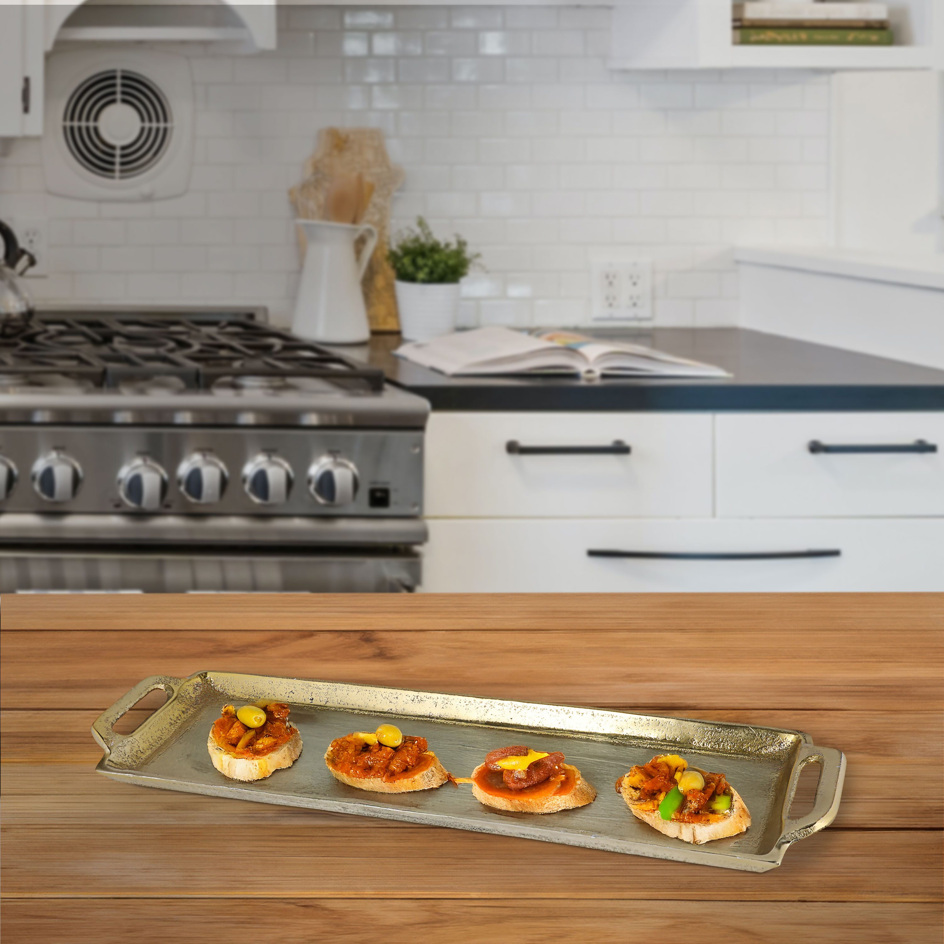 CEPEWA Dekotablett Tablett gold rechteckig 45x3x12cm Aluminium Dekotablett Griffe Vintage