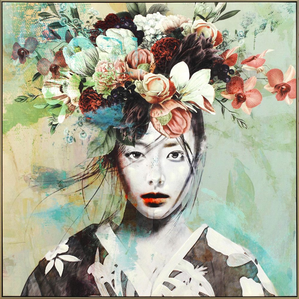 ArtUniverse Gemälde Leinwandbild Schönheit mit exotischem Blumenschmuck 100 x 100 cm, Menschenmotiv
