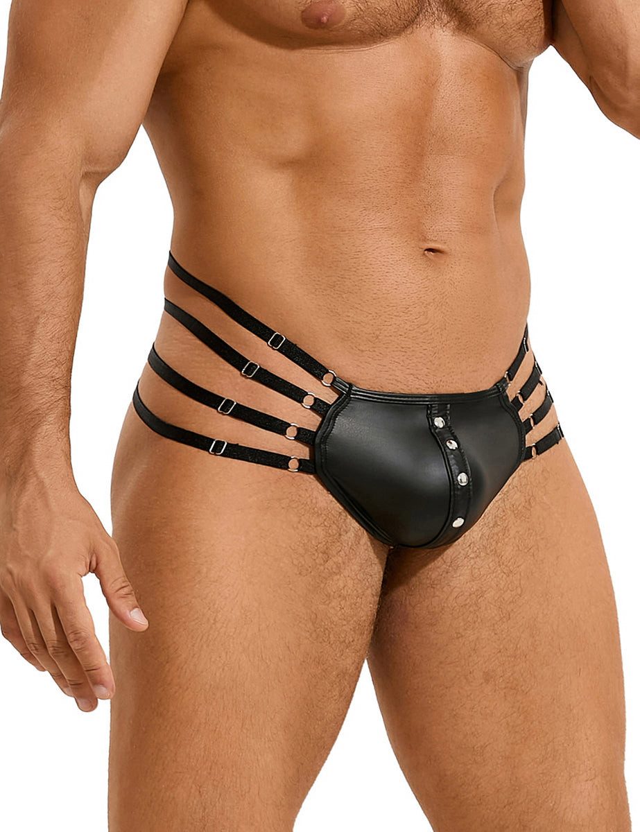 Lau-Fashion String Herren Wetlook Tanga Schwarz Harness Lack Leder Bänder Nieten M/L
