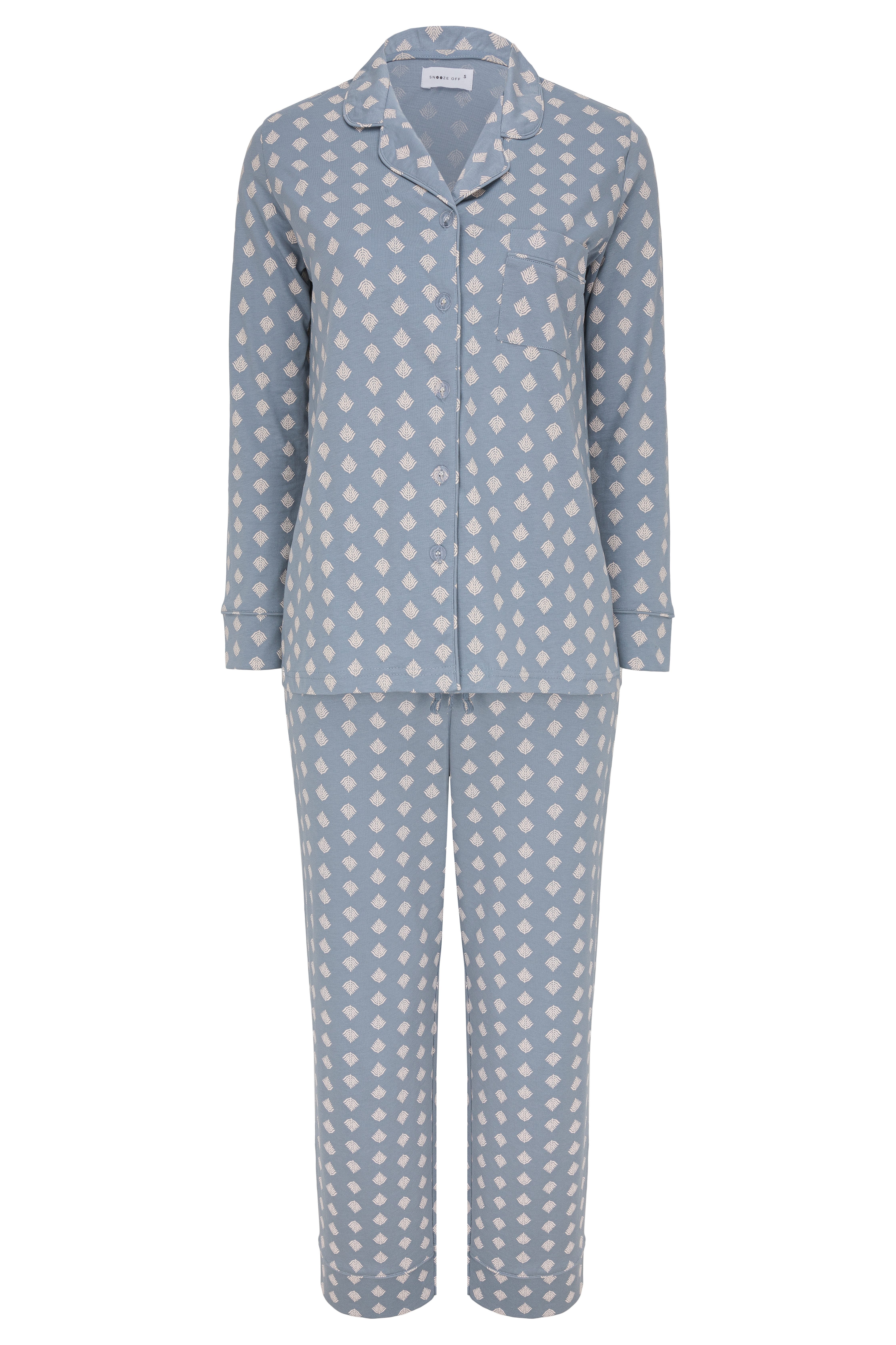 SNOOZE OFF Pyjama Schlafanzug in staubblau mit cremfarbenem Blattmuster (2 günstig online kaufen