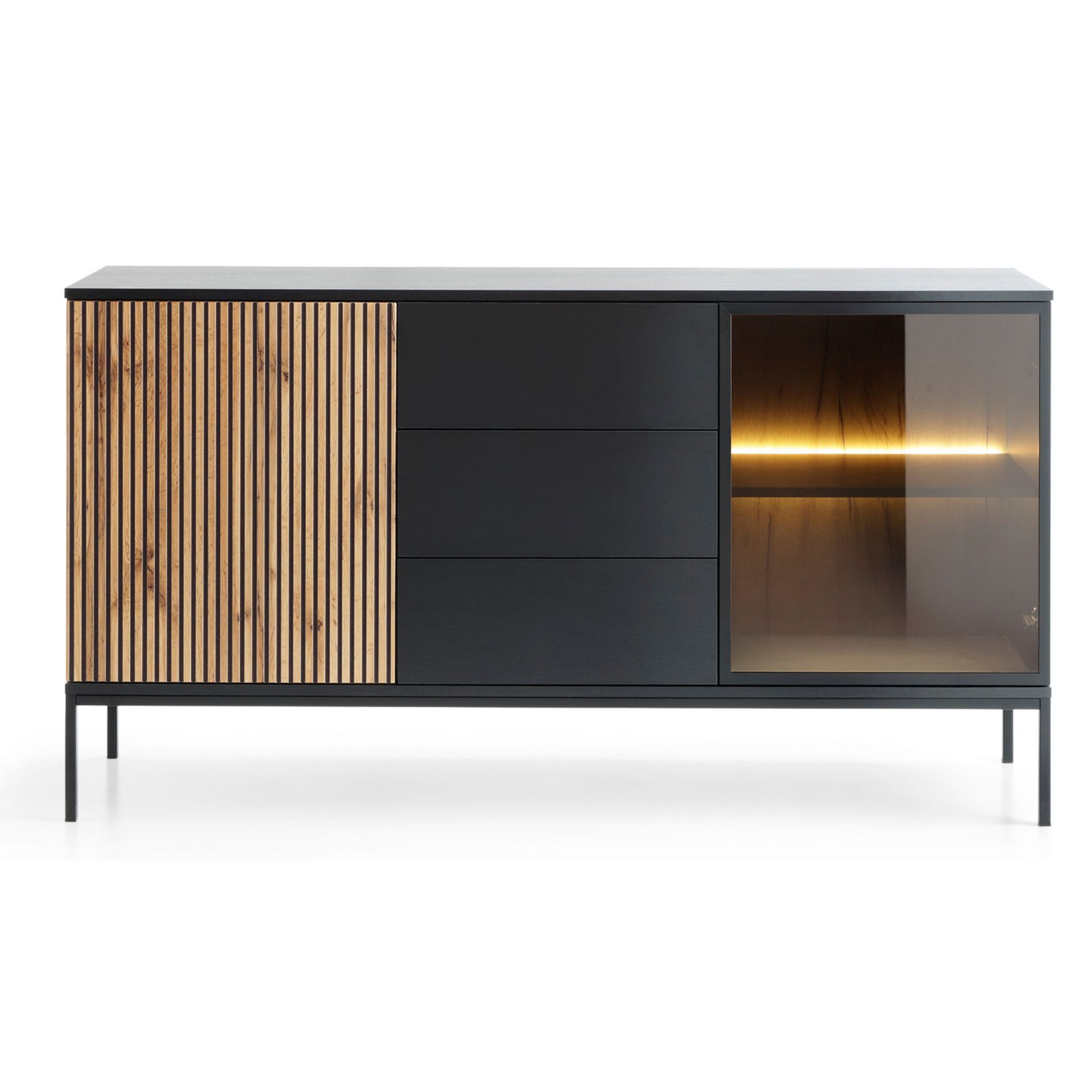 Selsey Sideboard TOSENA, Sideboard mit LED, Glastür & Metallfüßen Schwarz/E günstig online kaufen