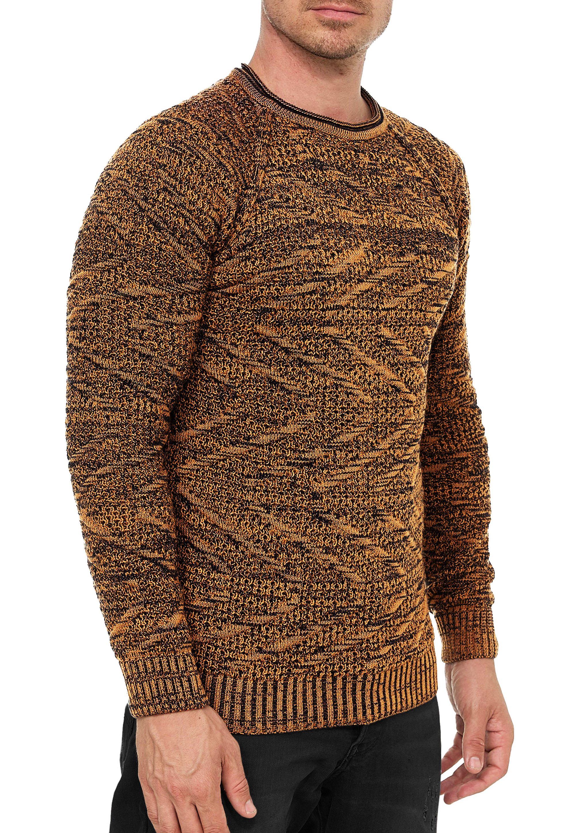 Rundhalspullover Herren Strick Kontrast Pulli mir Muster Crew-Neck Pullover