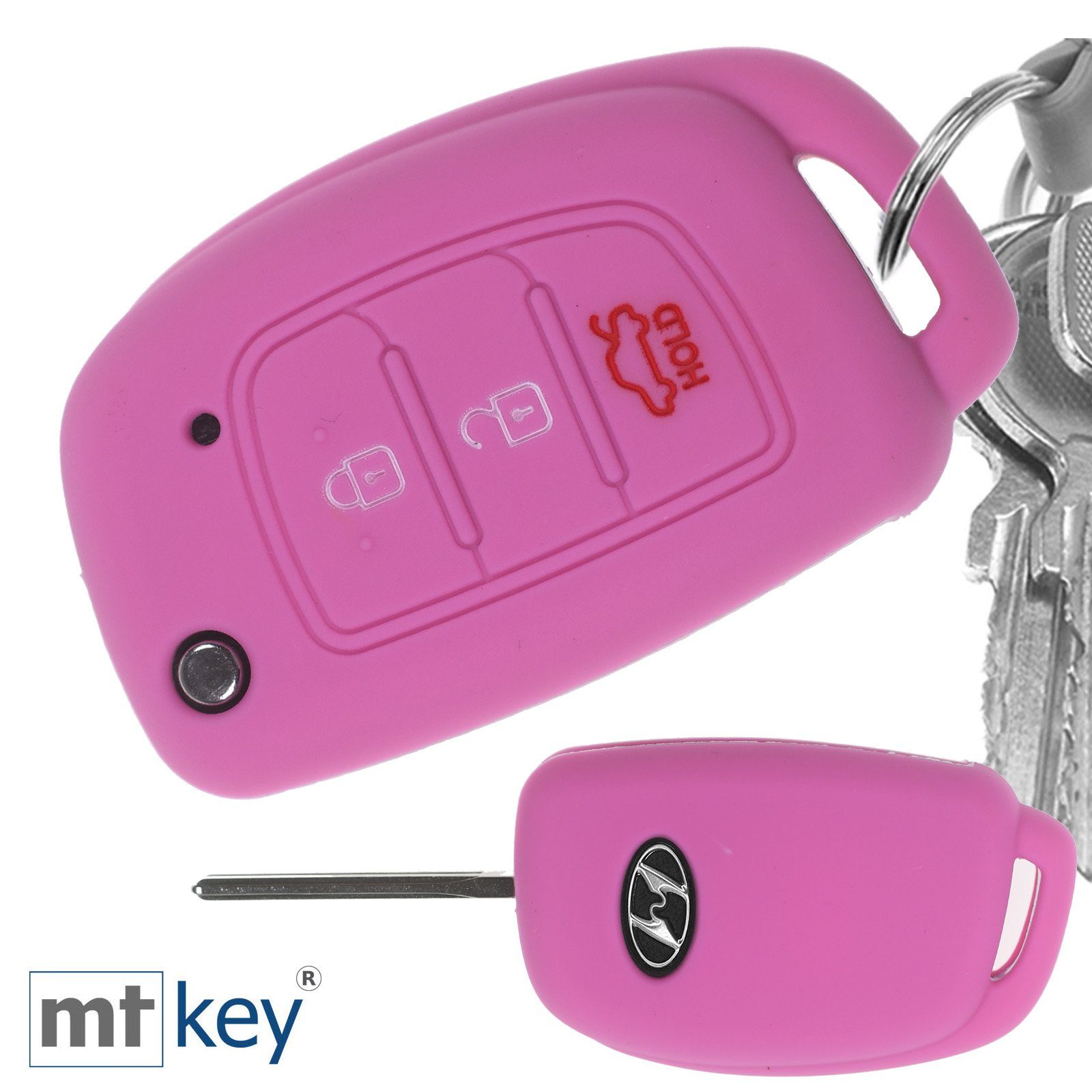 im Klappschlüssel Hyundai Accent i40 ix35 Tucson Knopf ix25 + Wabe i10 Silikon Autoschlüssel mt-key Rosa Schlüsseltasche 3 i20 für Schutzhülle Design Schlüsselband,