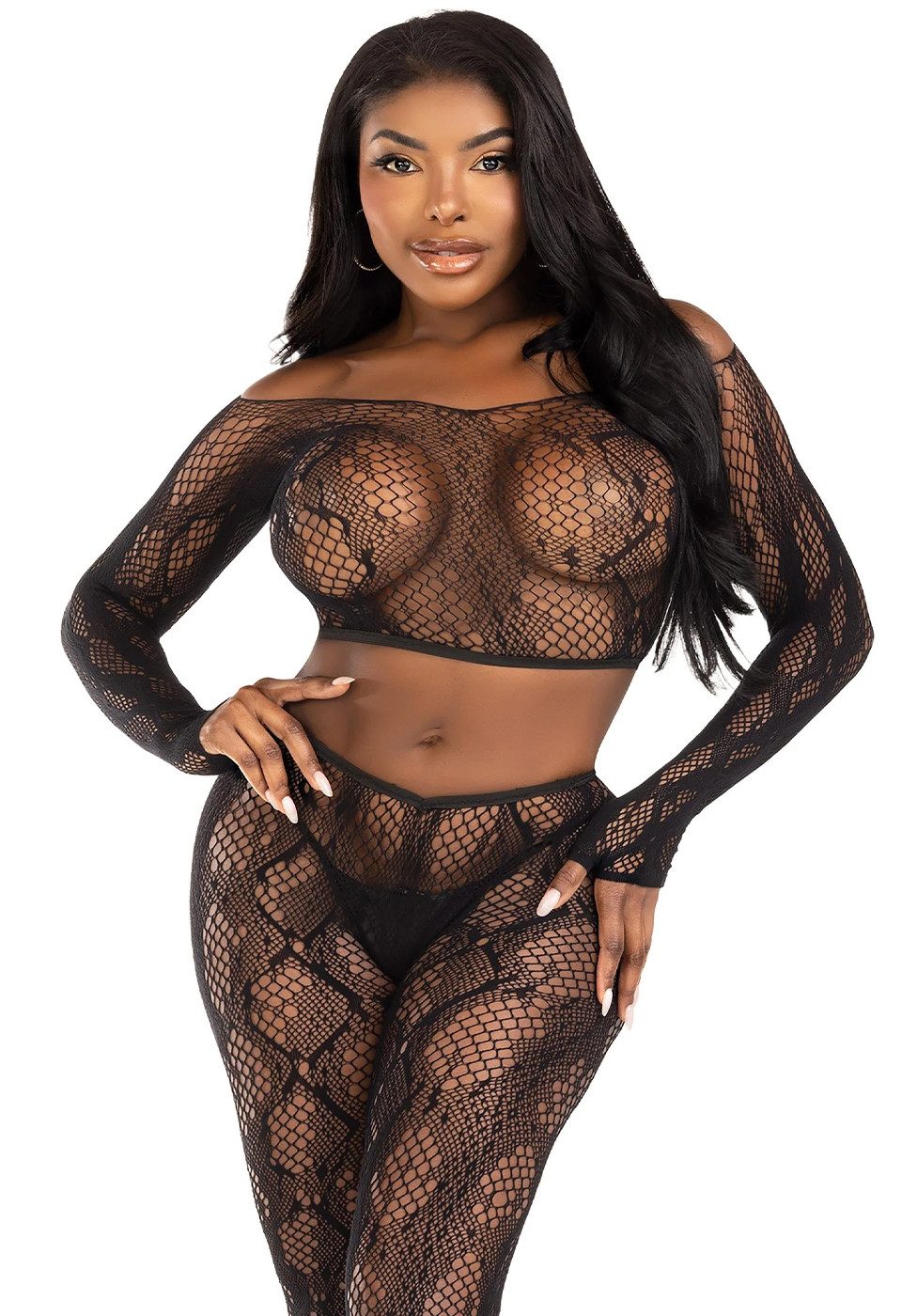 Leg Avenue Top & Leggings Crop Top und Leggings aus Netz mit Schlangenmuster - schwarz (2-tlg) transparentes Material mit Schlangenmuster