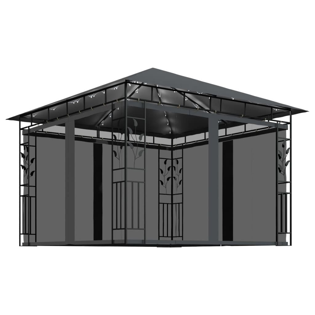 Pavillon Pavillon Gartenzelt mit Moskitonetz LED-Lichterkette 3x3x2,73m Anthra