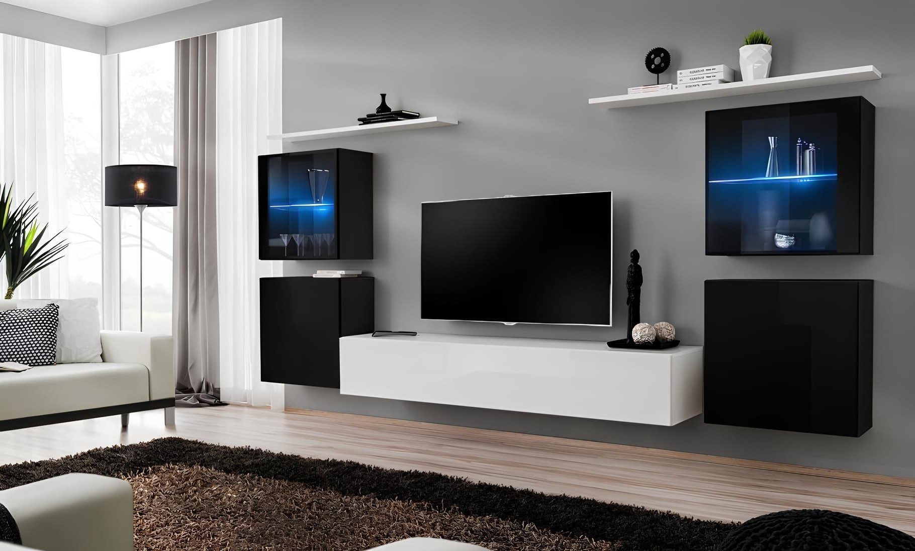 Xlmoebel Wohnwand Weißes Hochglanz Sideboard mit TV-Ständer und Wandregalen, Made in Europa