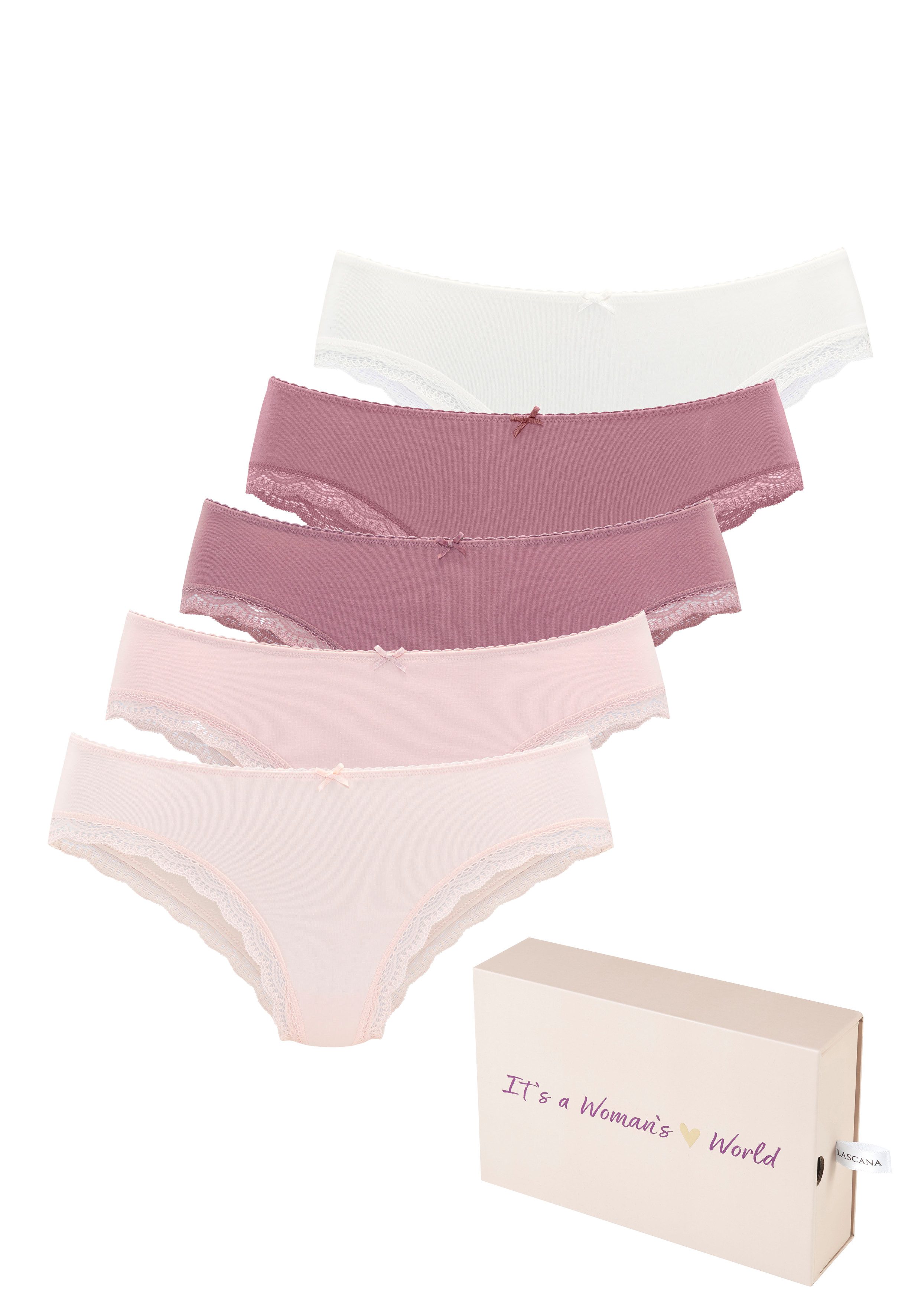 LASCANA Jazz-Pants Slips (5er-Pack) aus elastischer Baumwolle mit zarter Spitze, mit Aufbewahrungsbox