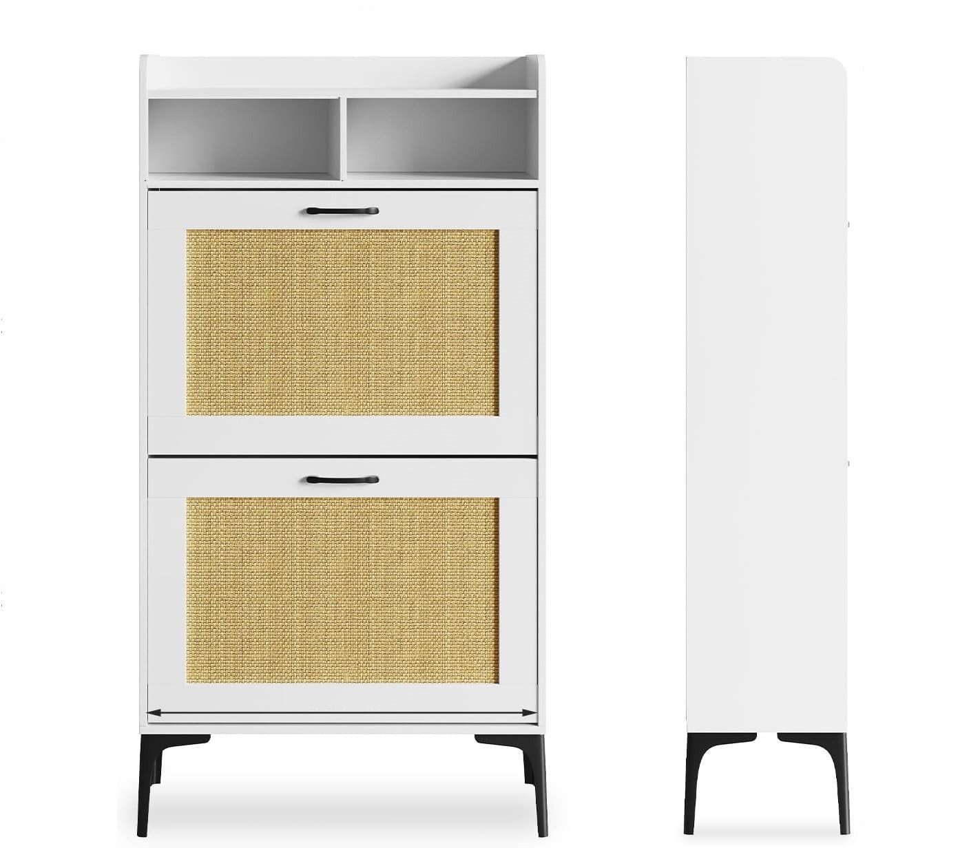 OUNUO Schuhschrank mit Rattan-Dekoration, 2 klappbare Schubladen, und Metallfüßen