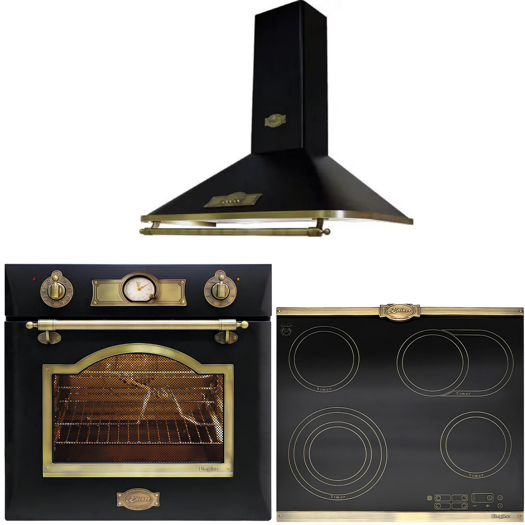 Kaiser Küchengeräte Backofen-Set Herd Set Autark Elektro Backofen, Selbstreinigung, Drehspieß, 8 Funktionen mit Glaskeramik Kochfeld 60 cm Einbau Herd 4 QuickHeat-Kochzonen Hi-Light Schwarz+ Dunstabzugshaube 60 cm 910 m³/h 3 Stufen Abluft Umluft EH 6355 Em+KCT 6185 Em+A 6315 Em ECO, mit 1-fach-Teleskopauszug, Elektro Backofen 60 cm+Glaskeramik Kochfeld 60cm+Dunstabzugshaube