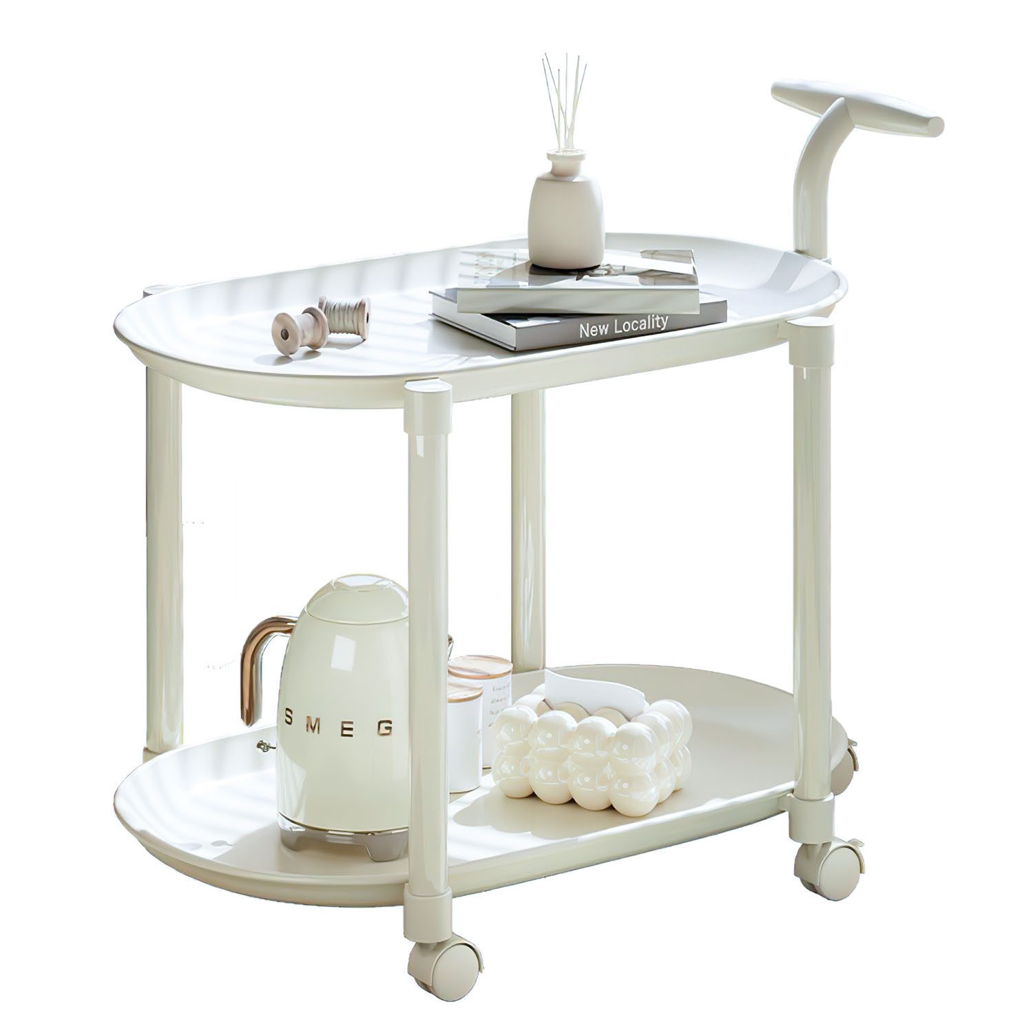 HEYHIPPO Beistelltisch Beistelltisch mit Rollen, 2 Ebenen, Weiß, mobiler Sofatisch Kunststoff (Mobiler Beistelltisch mit Griff, ideal für kleine Räume, Sofa & Büro), Wohnzimmer-Couchtisch, platzsparend 0,2 Quadratmeter, 62×53×37 cm