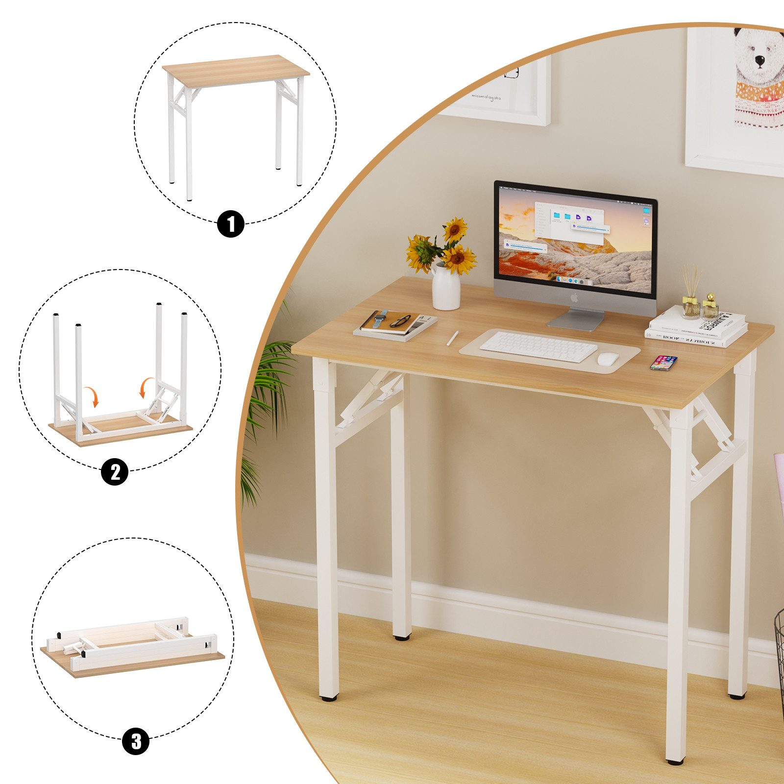 JEOBEST Klapptisch Keine Montage Erforderlich Schreibtisch Klappschreibtisch 80 x 50 cm, (1-St., 1 Schreibtisch), Klappbar, Schmal, Platzsparend