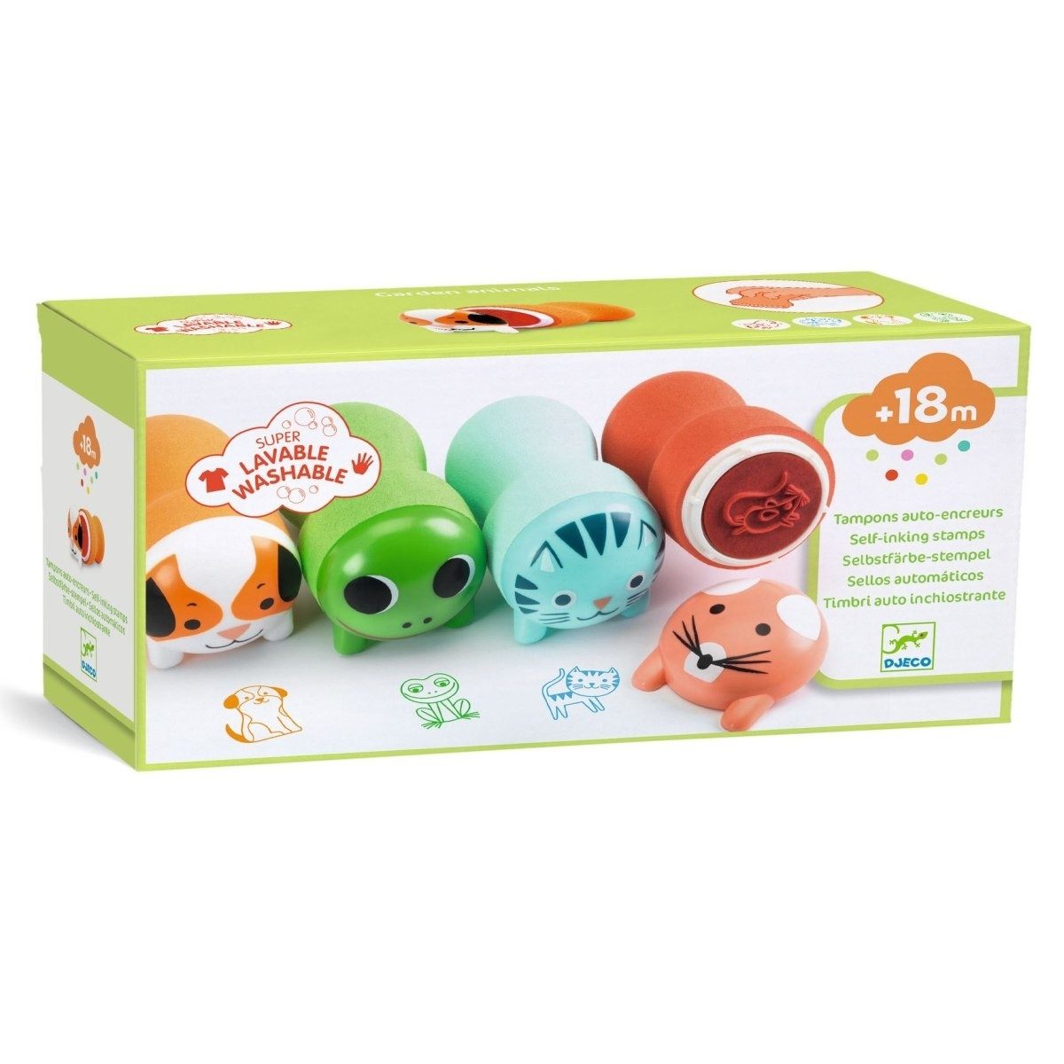 DJECO Stempel Ergonomische Selbstfärbestempel für Kleinkinder ab 18 Monaten, 4 Stück