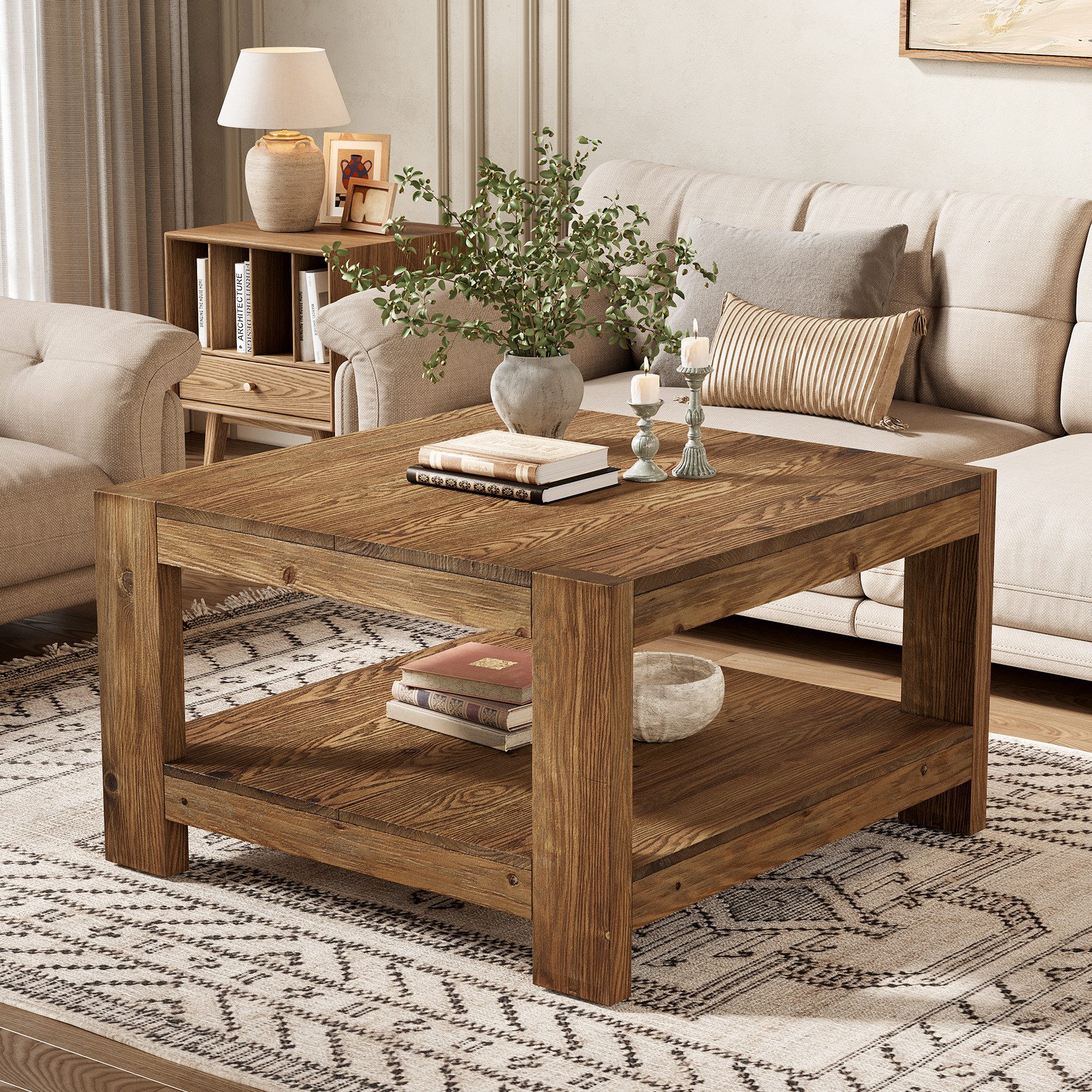 Tribesigns Couchtisch Quadratischer Couchtisch aus Massivholz 80 cm, 2-stufiger