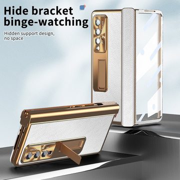 Wigento Handyhülle Für Samsung Galaxy Z Fold4 5G Magnetische Kunststoff / Glas Handy Tasche Hülle Etuis Weiß / Gold + Stift