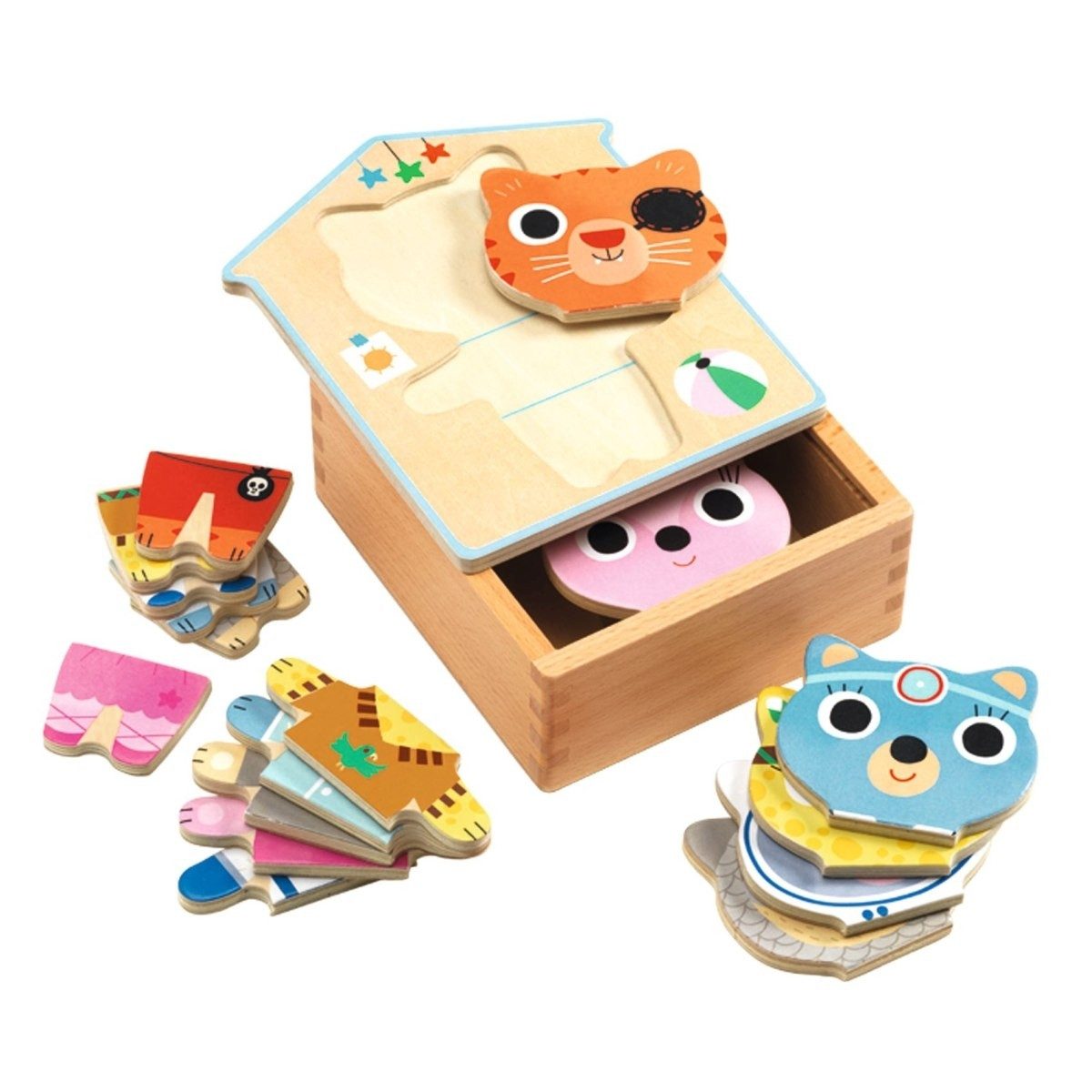 DJECO Lernspielzeug Holzpuzzle Anziehen für Kinder ab 2 Jahren 6 Tierfiguren Lernspiel