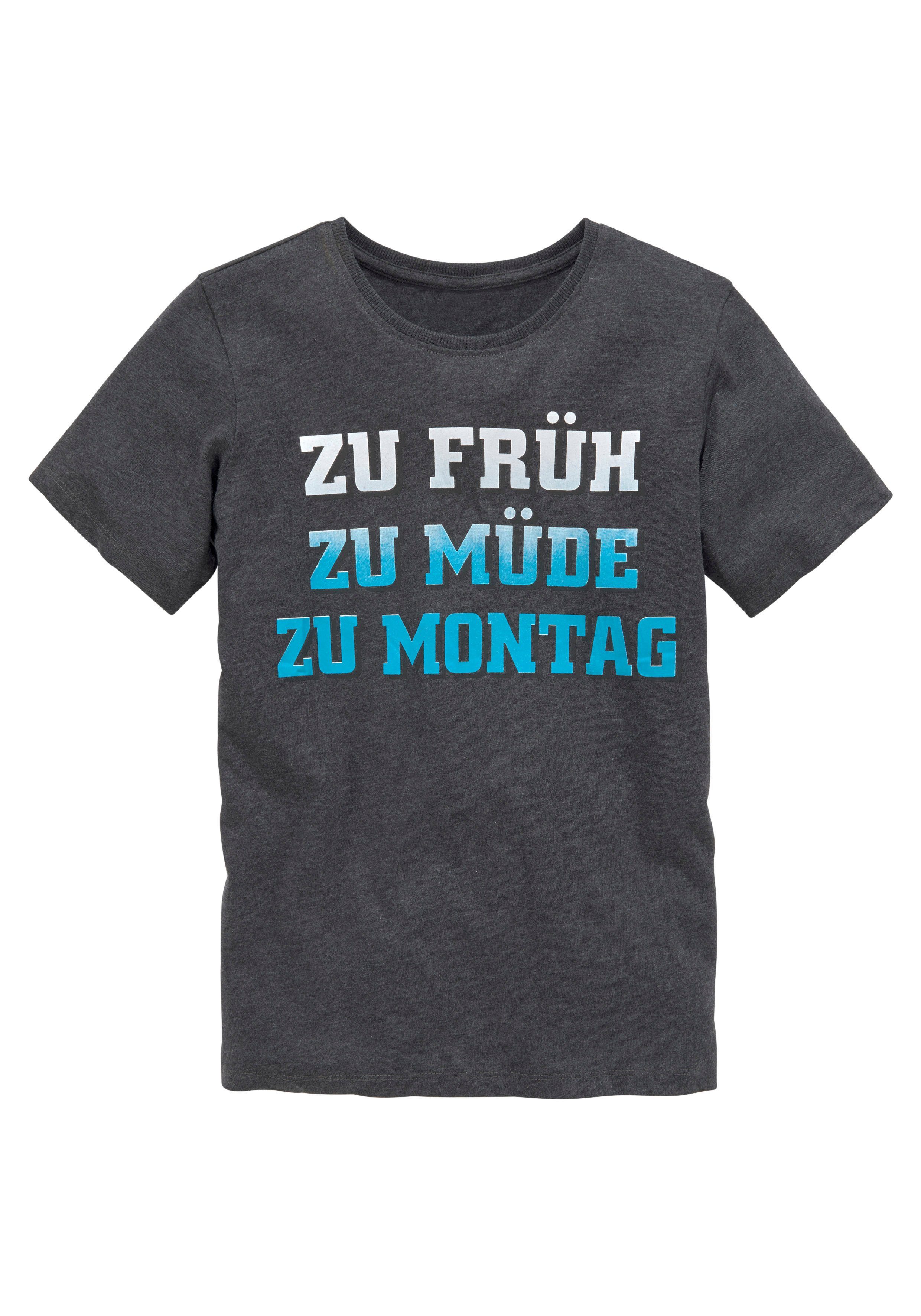 KIDSWORLD T-Shirt Mit Spruch: ZU FRÜH, ZU MÜDE... Kurzarm, Basic-Passform, mit stylischem Print, Rundhalsausschnitt